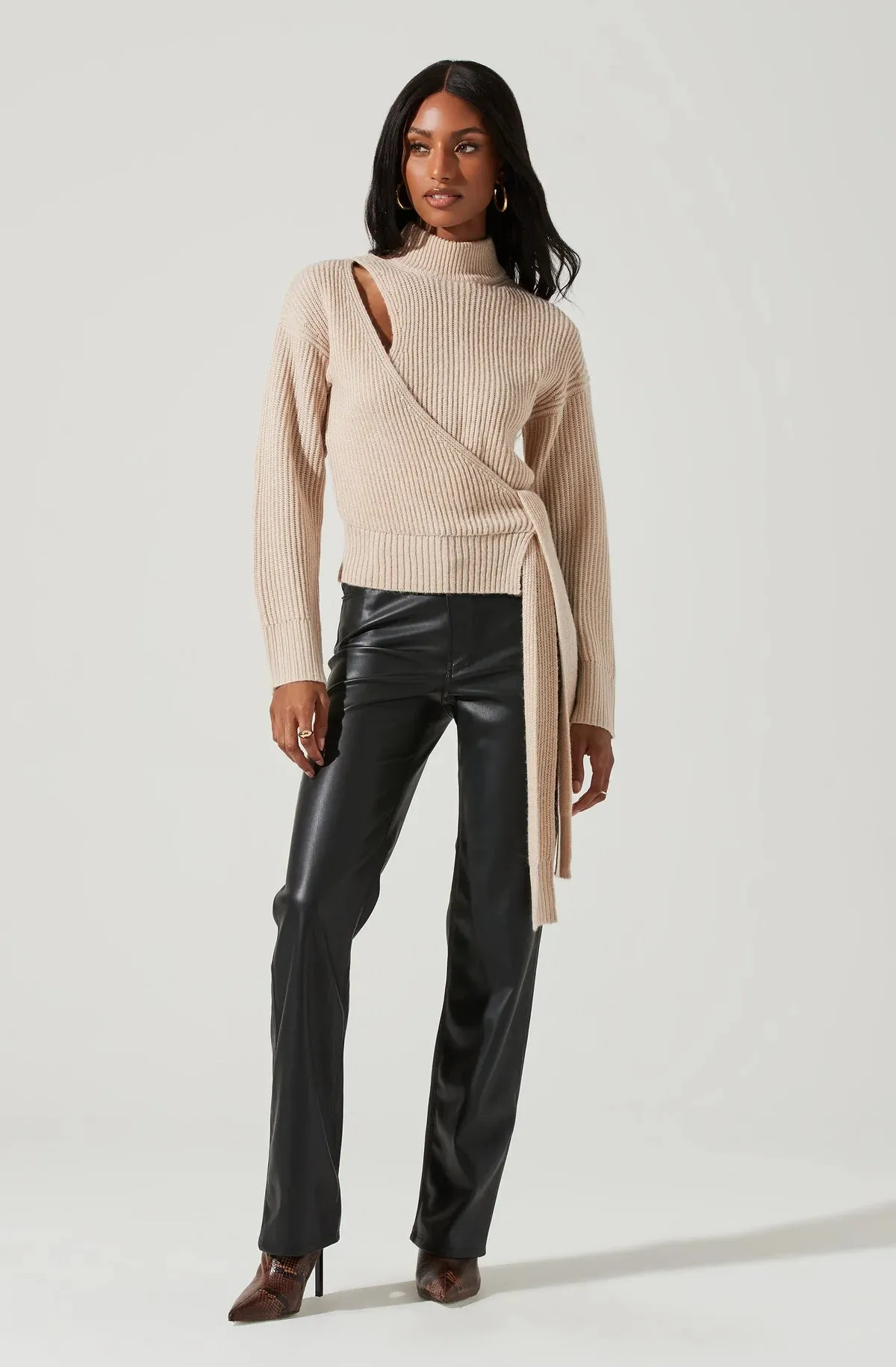 ASTR SORA Mock Neck Sweater with Cutout and Tie Waist