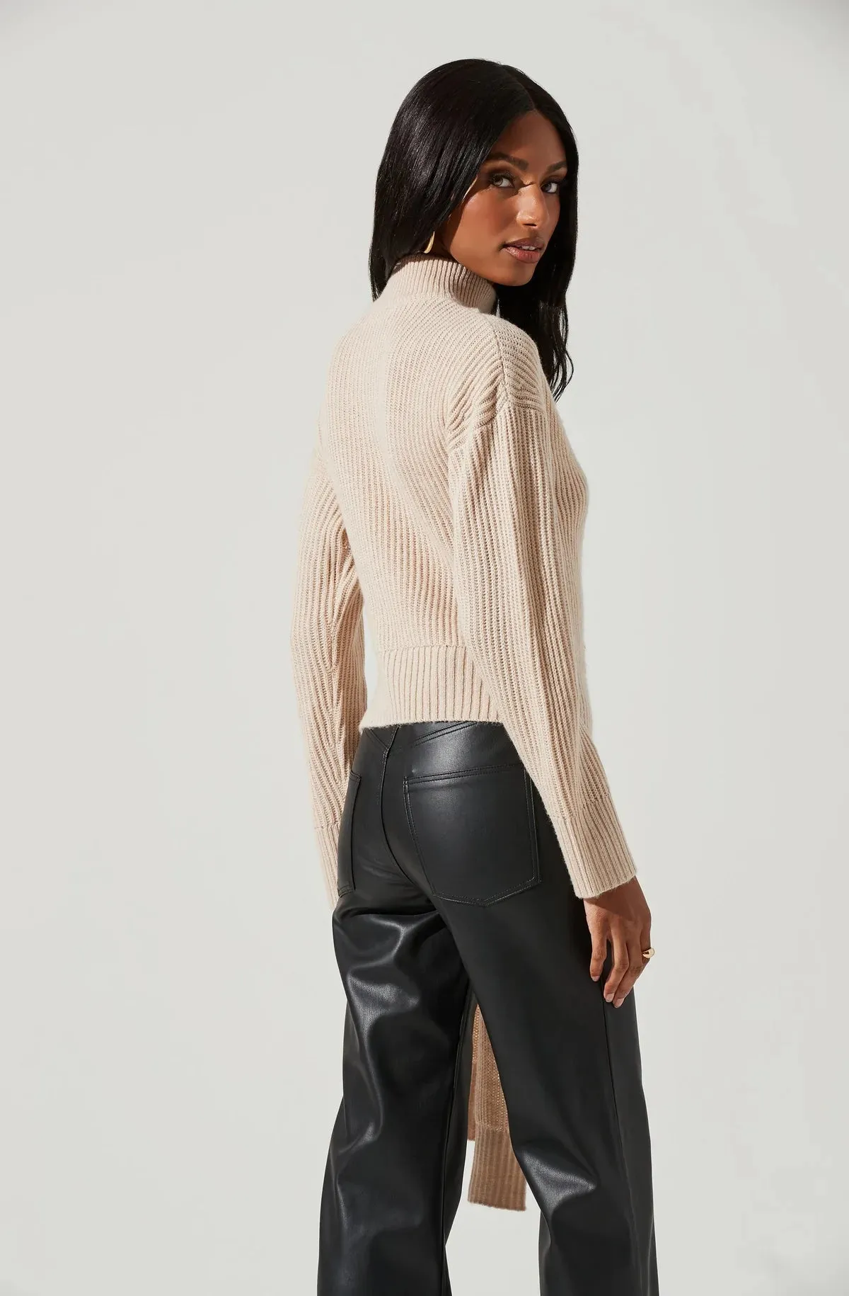 ASTR SORA Mock Neck Sweater with Cutout and Tie Waist