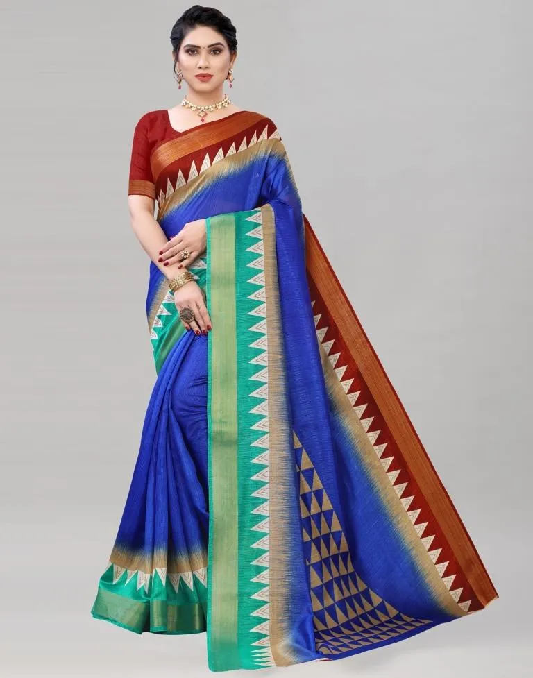 Blue Cotton Printed Saree