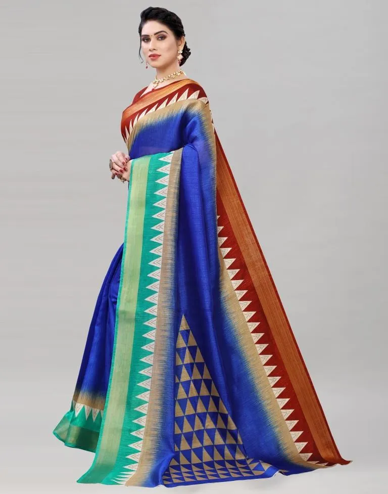 Blue Cotton Printed Saree