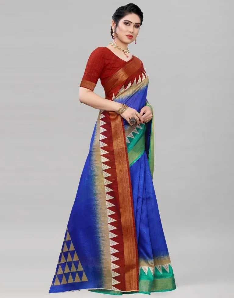 Blue Cotton Printed Saree