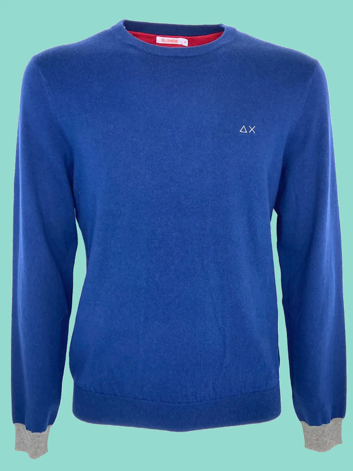 Blue men's pullover with red patches wool blend.