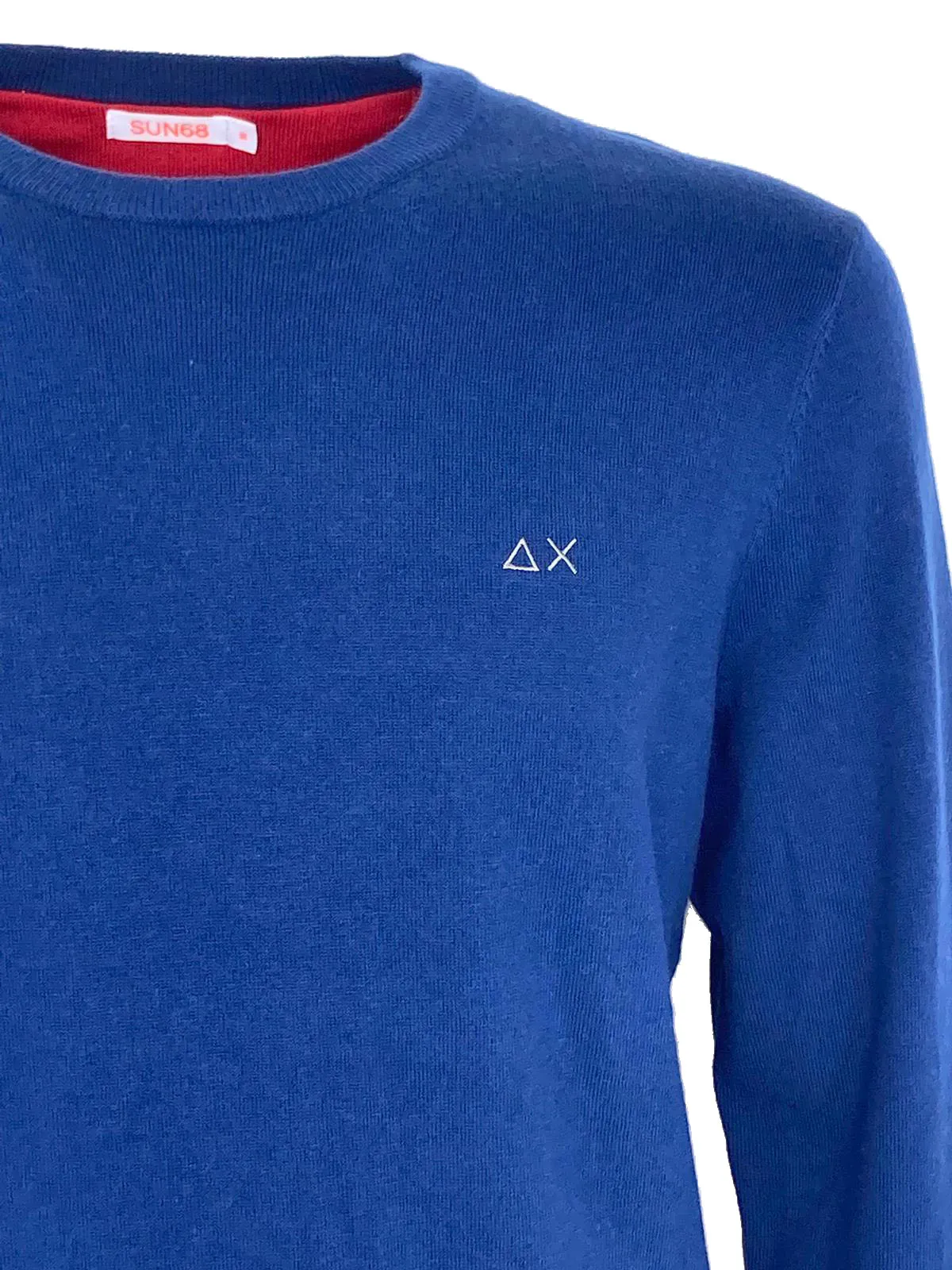 Blue men's pullover with red patches wool blend.