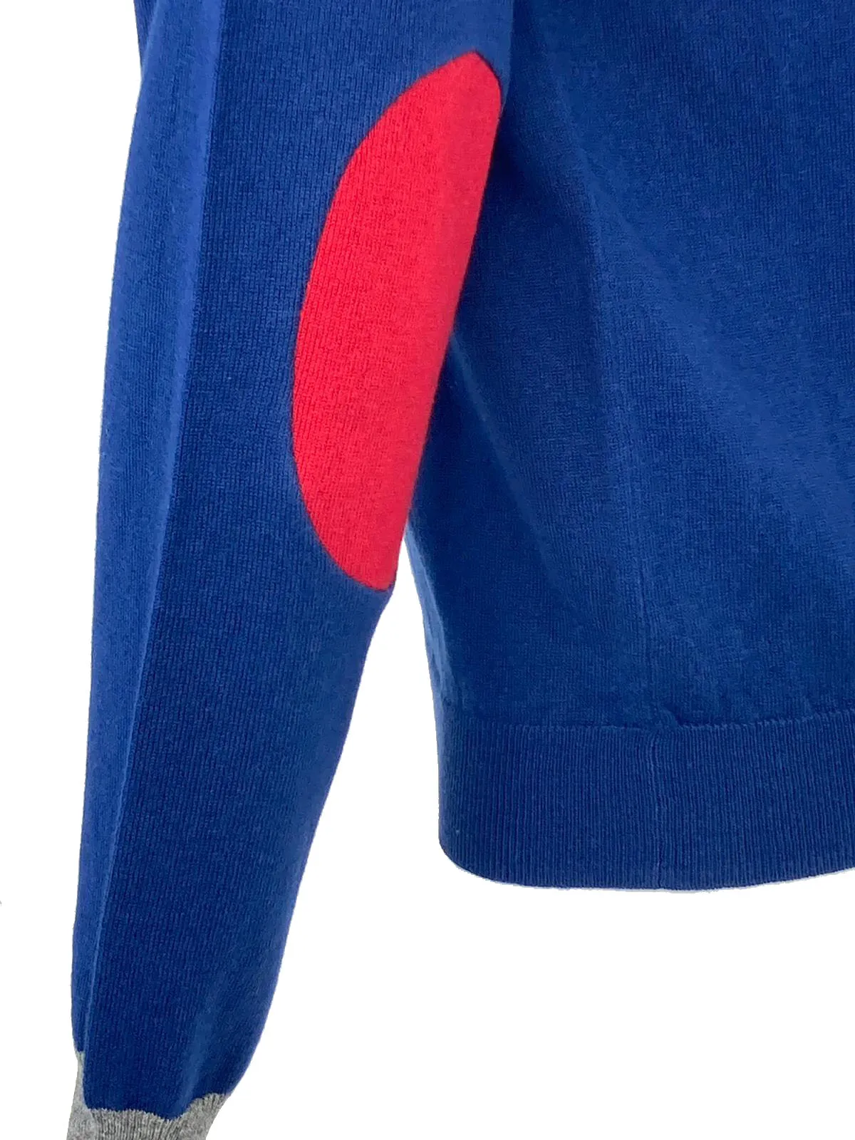 Blue men's pullover with red patches wool blend.