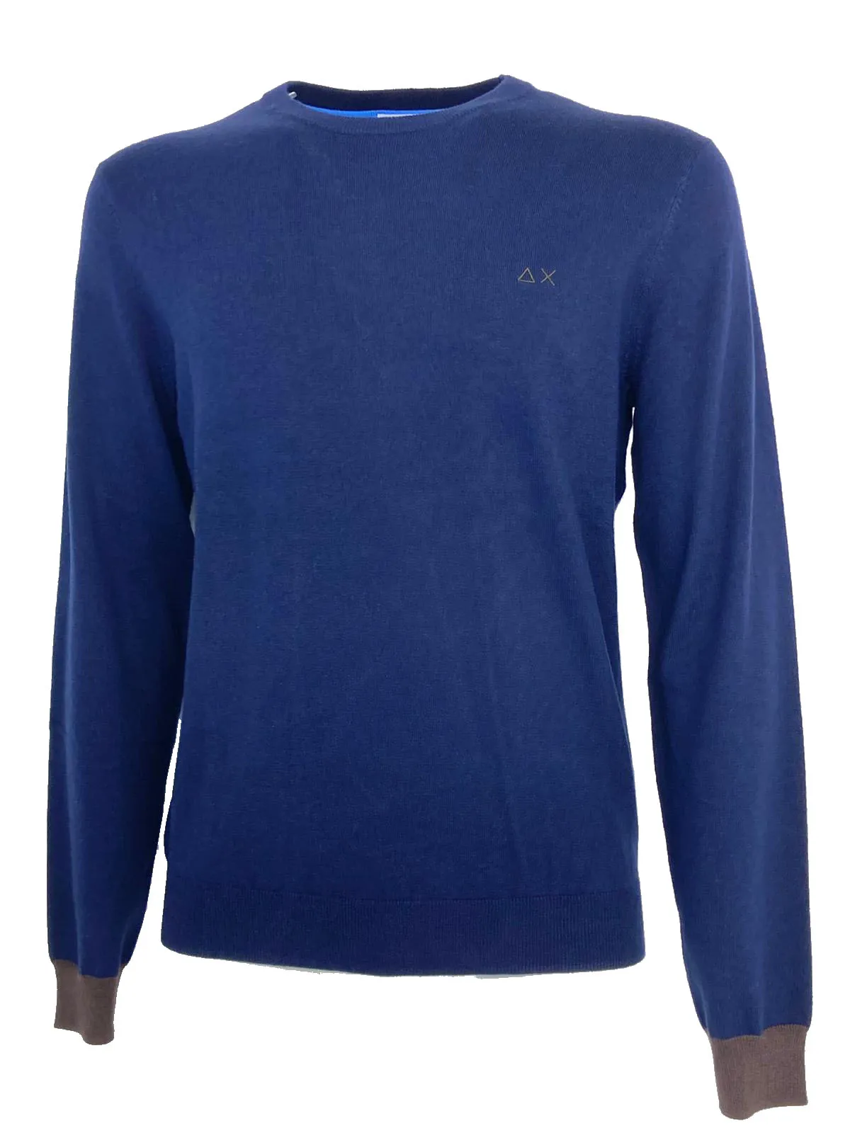 Blue wool blend men's pullover with azure patches