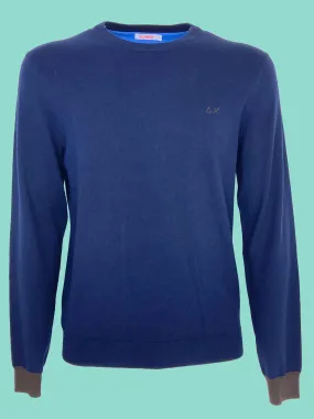 Blue wool blend men's pullover with azure patches