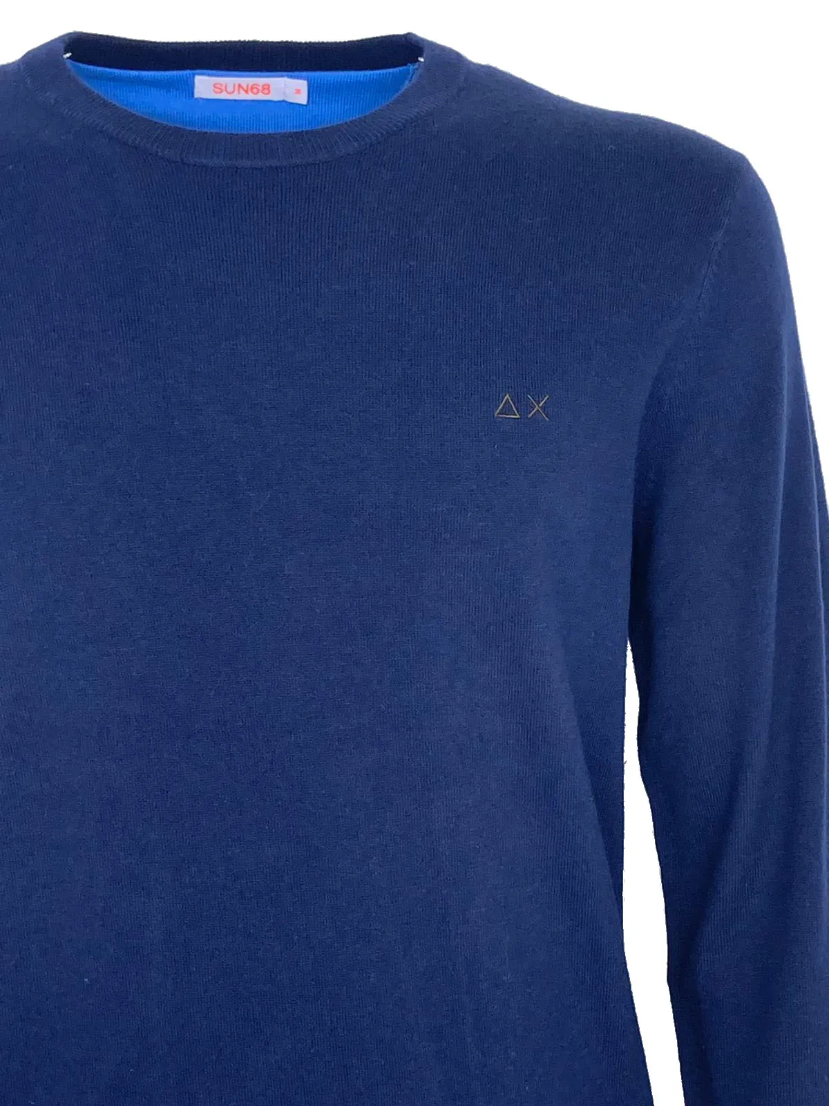 Blue wool blend men's pullover with azure patches