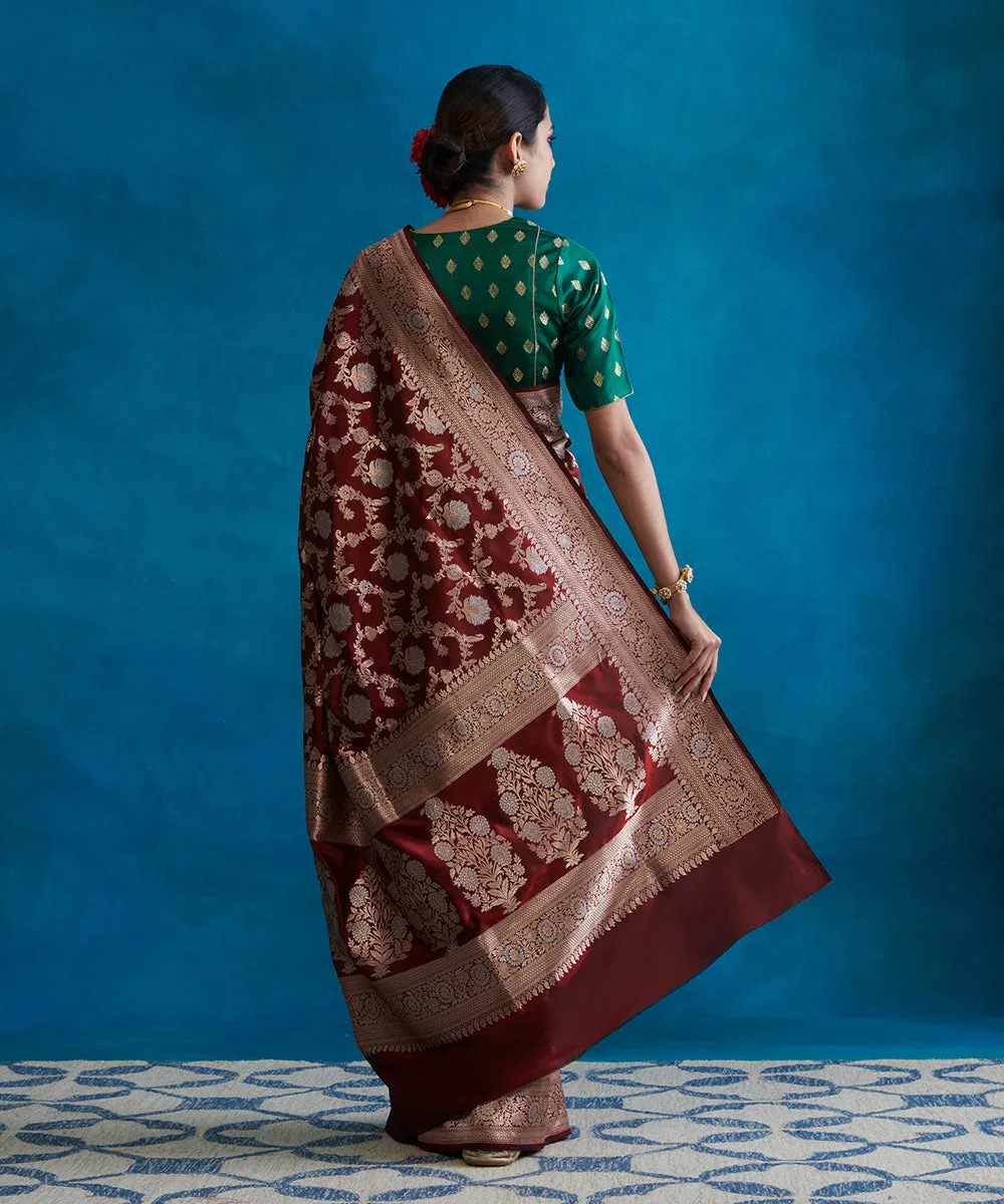 Burgundy Handloom Pure Katan Pure Silk Banarasi Saree With Cutwork Sona Rupa Jaal