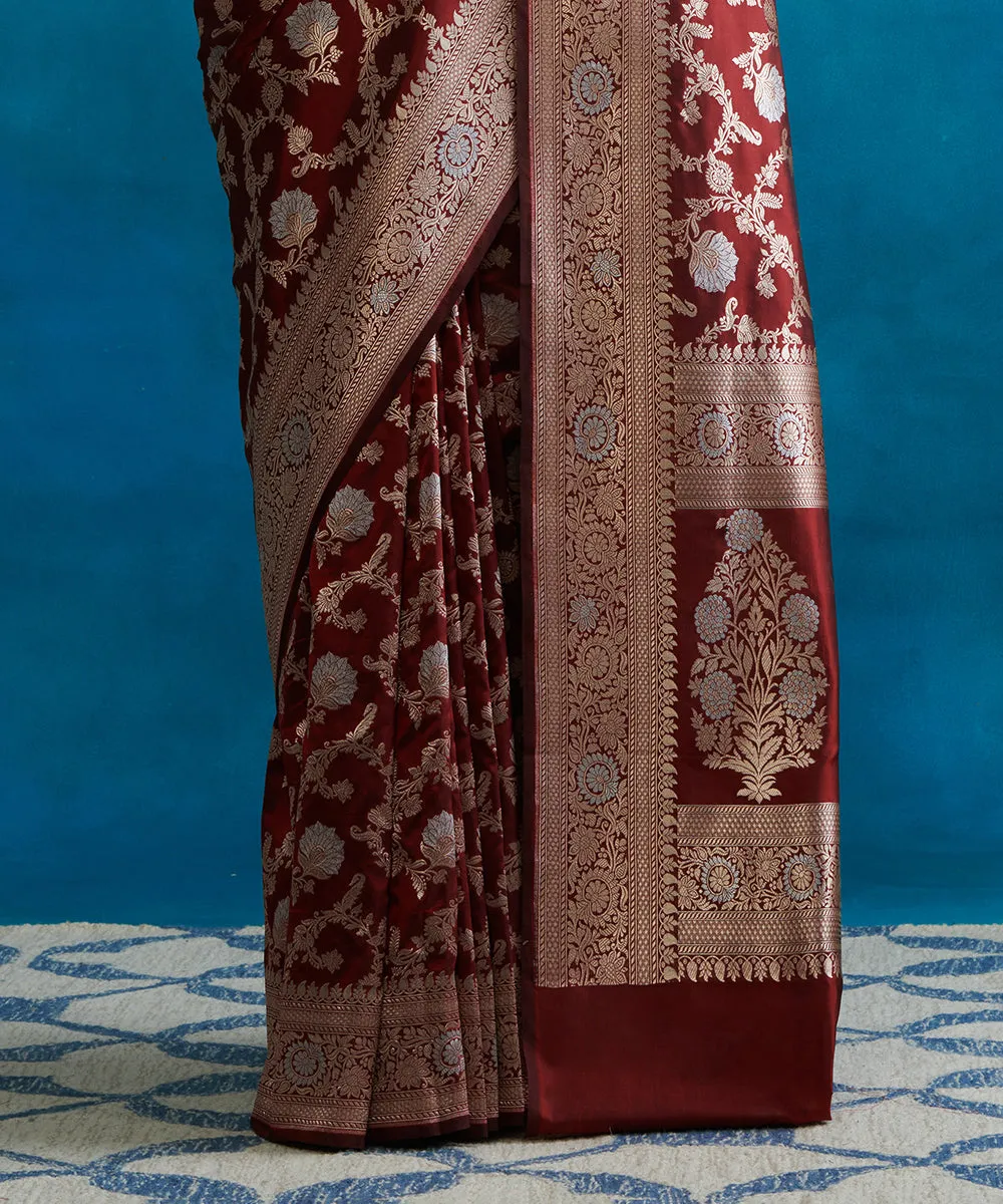 Burgundy Handloom Pure Katan Pure Silk Banarasi Saree With Cutwork Sona Rupa Jaal