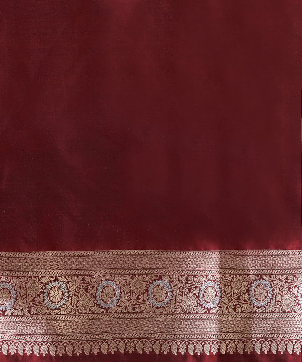 Burgundy Handloom Pure Katan Pure Silk Banarasi Saree With Cutwork Sona Rupa Jaal