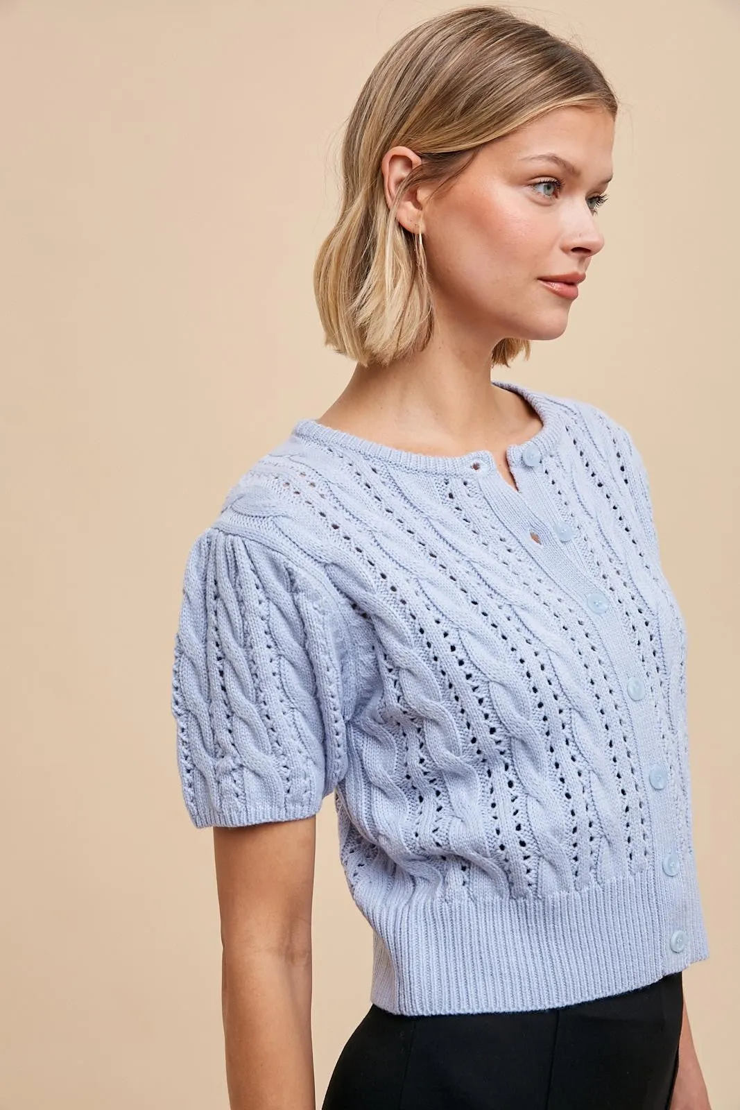 Cable Knit Puff Sleeve Cardigan - Powder Blue