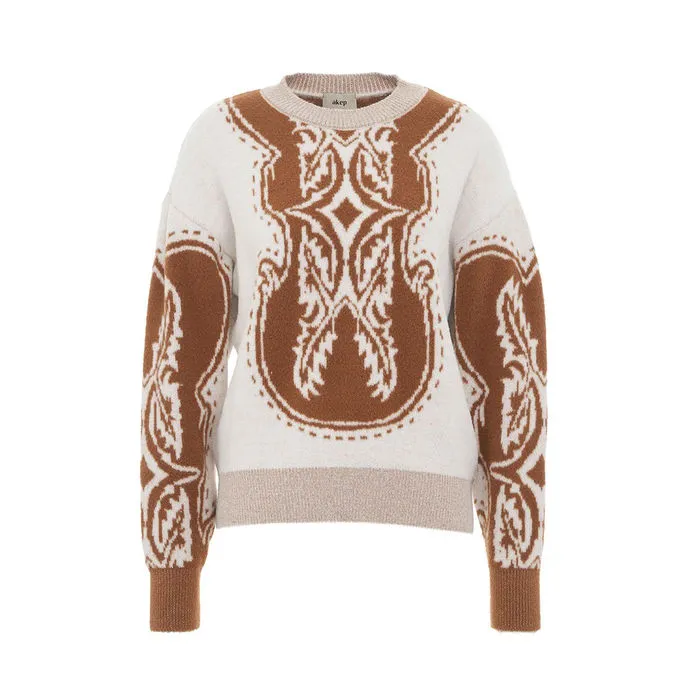 Camel Cream Lurex Finish Jacquard Pullover for Women