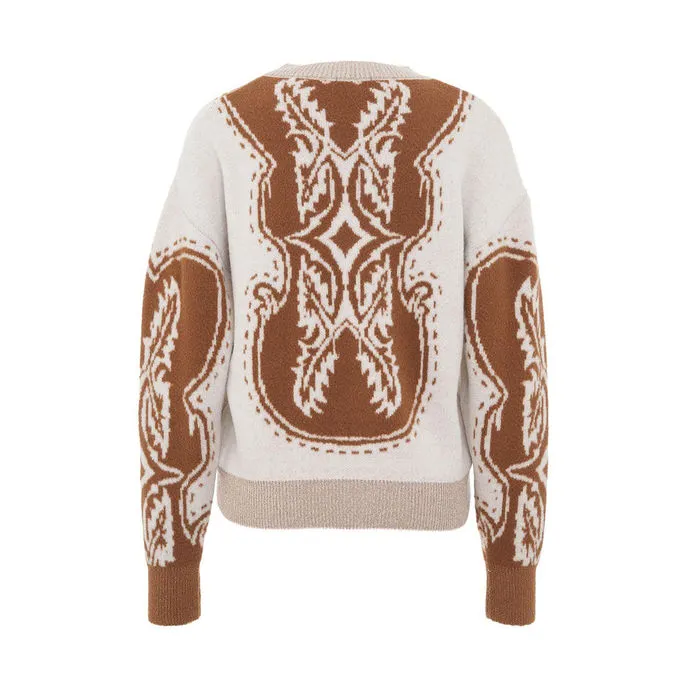 Camel Cream Lurex Finish Jacquard Pullover for Women