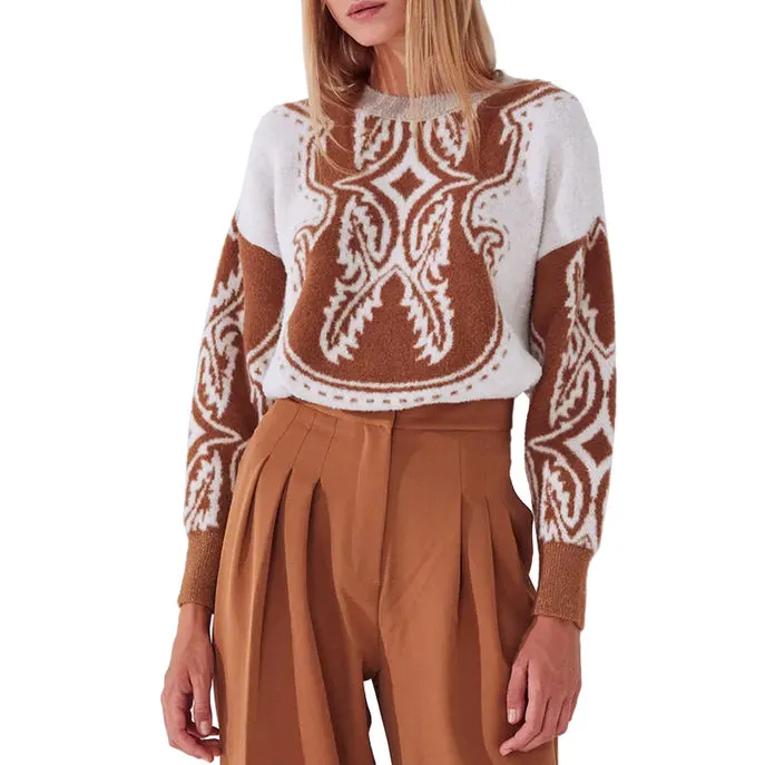 Camel Cream Lurex Finish Jacquard Pullover for Women