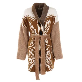 Cardigan Damasco Sciallato Jacquard Women's Cream Camel