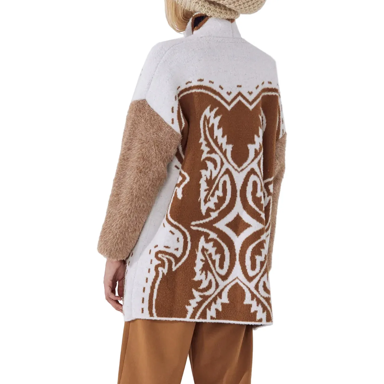 Cardigan Damasco Sciallato Jacquard Women's Cream Camel