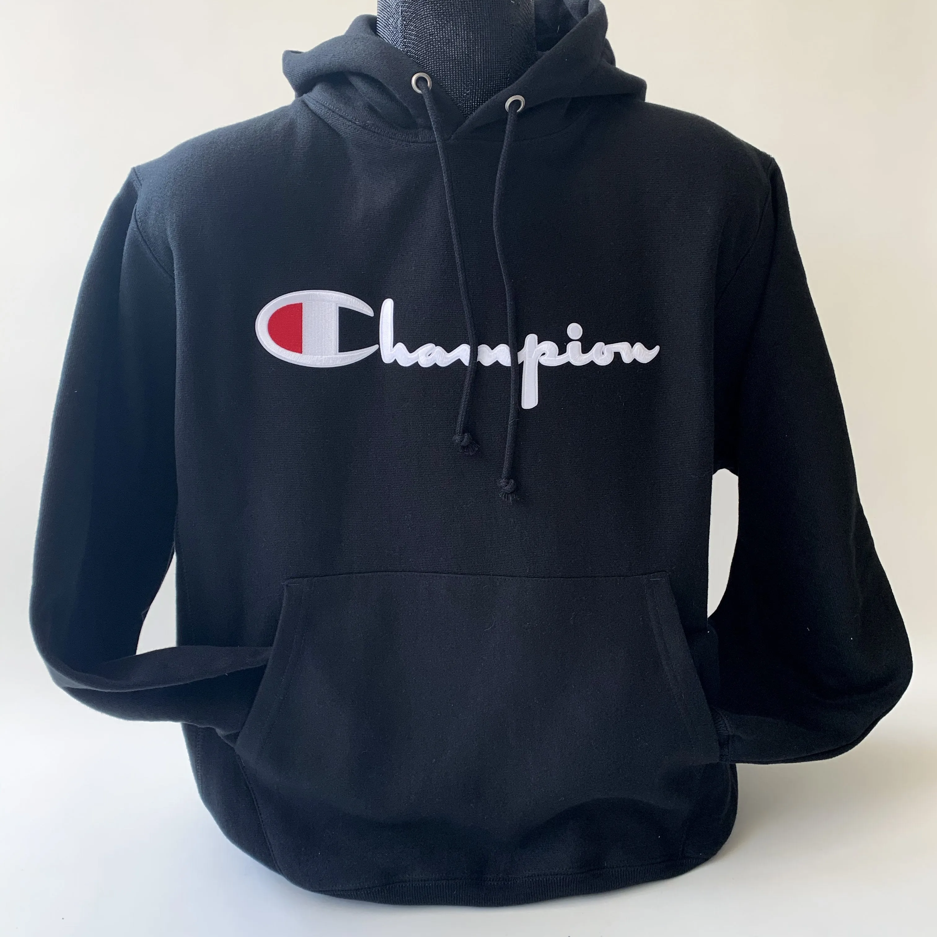 Champion hoodie with chest logo, reverse weave style