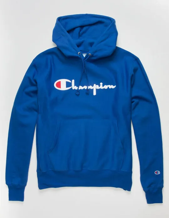 Champion hoodie with chest logo, reverse weave style