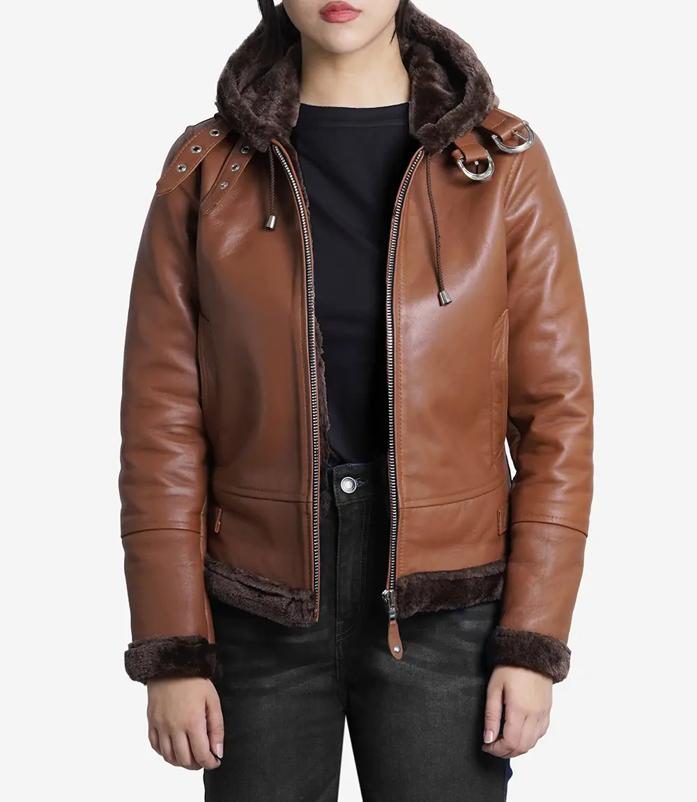 Cognac Brown Leather Aviator Jacket Womens With Hood