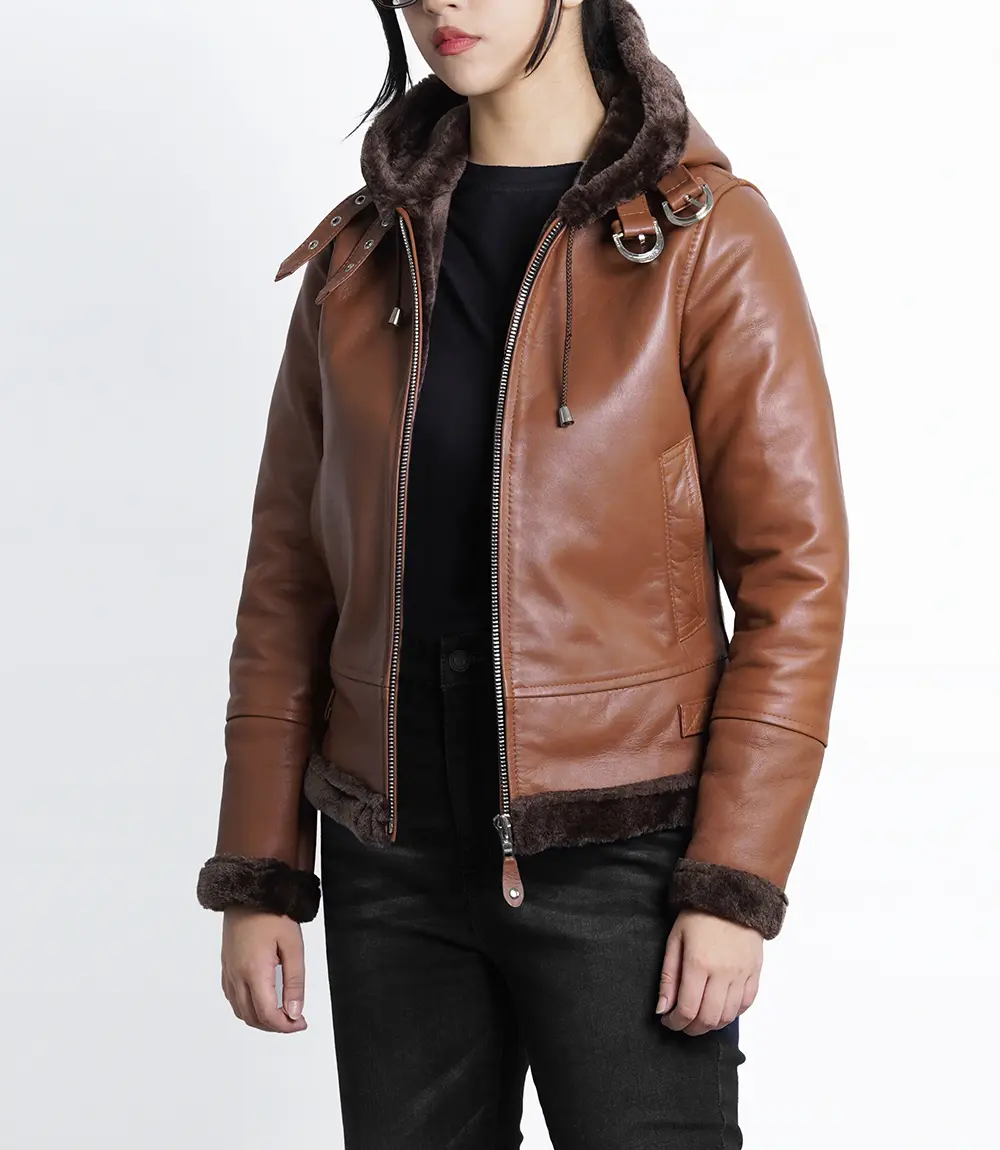 Cognac Brown Leather Aviator Jacket Womens With Hood