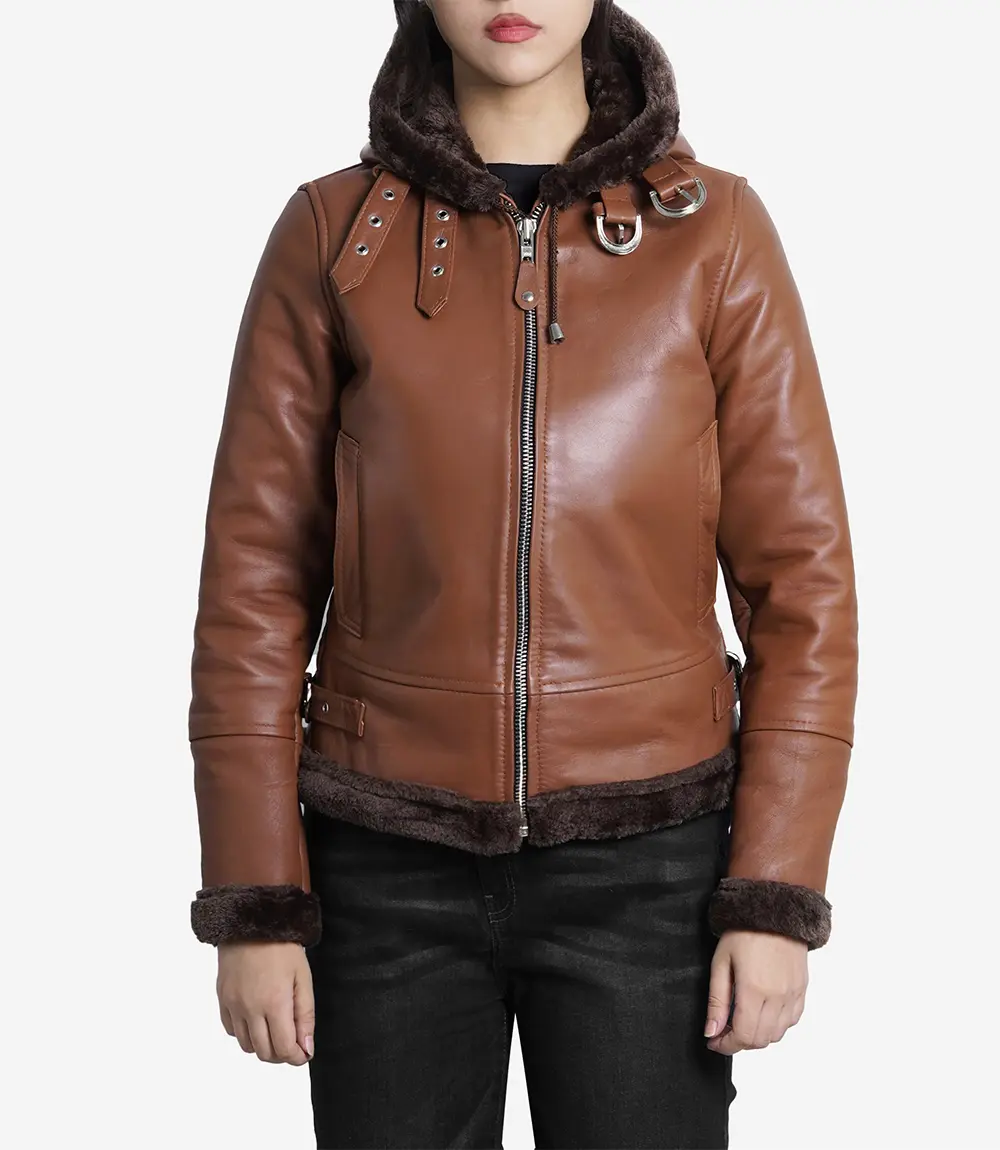 Cognac Brown Leather Aviator Jacket Womens With Hood