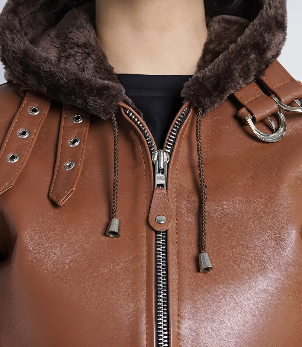 Cognac Brown Leather Aviator Jacket Womens With Hood