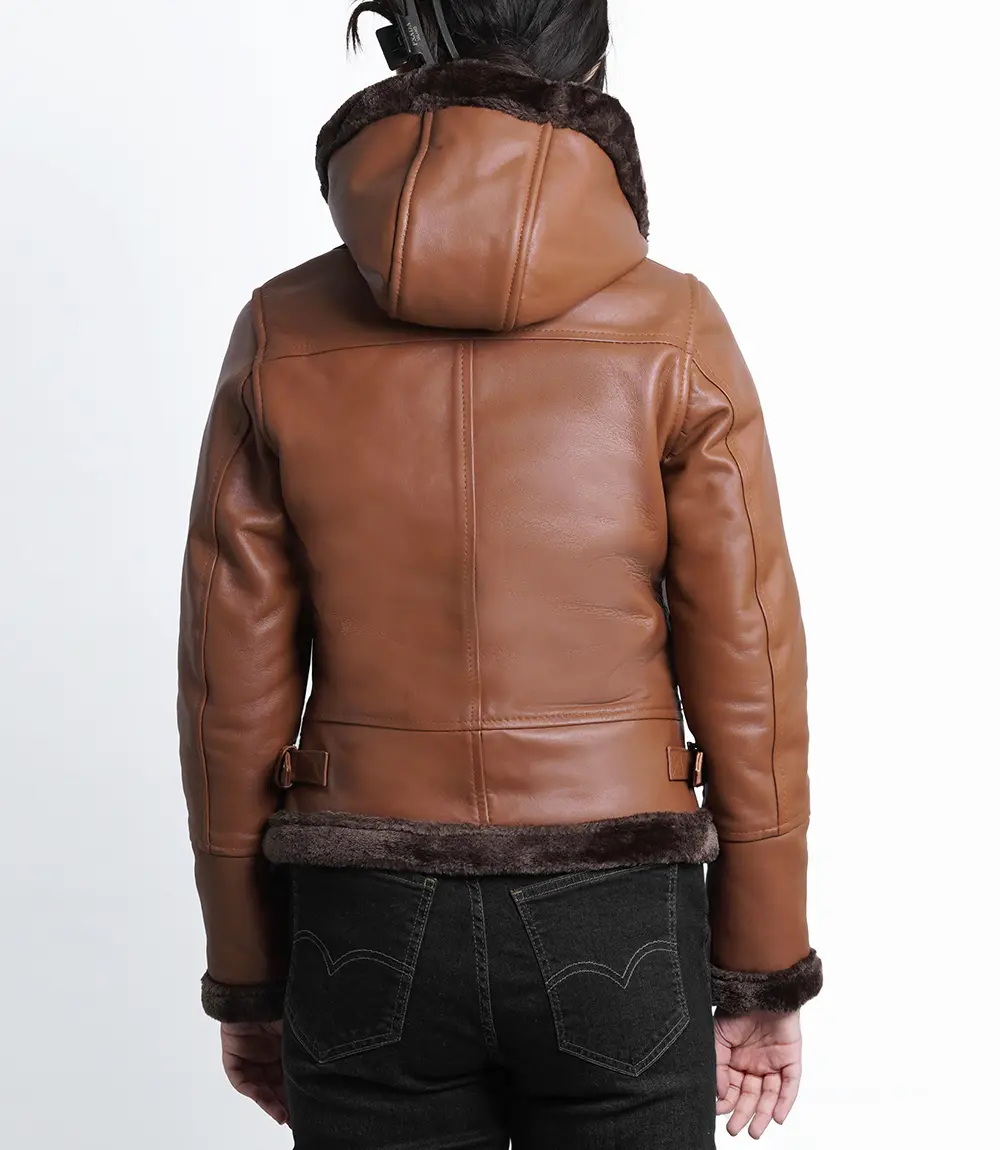 Cognac Brown Leather Aviator Jacket Womens With Hood