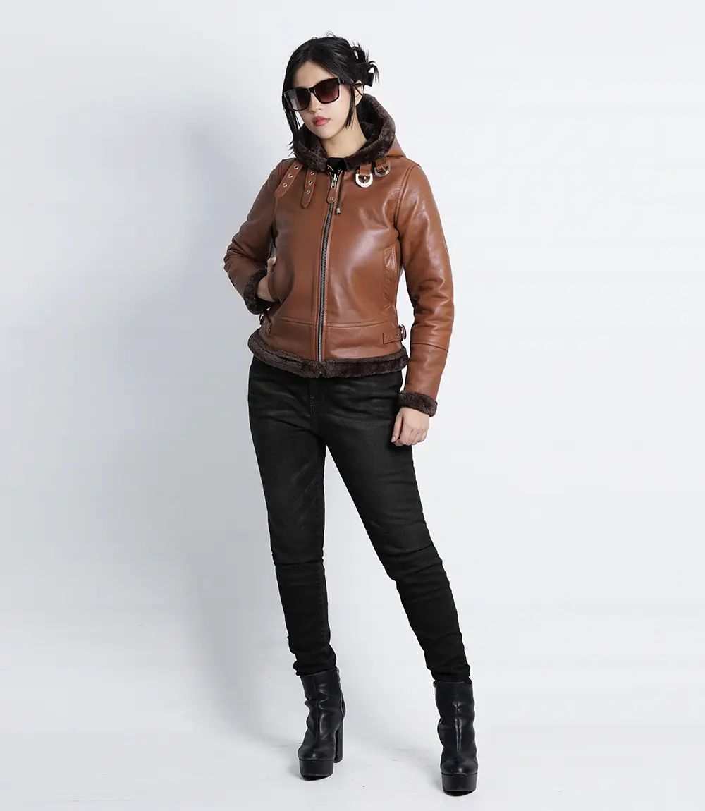 Cognac Brown Leather Aviator Jacket Womens With Hood