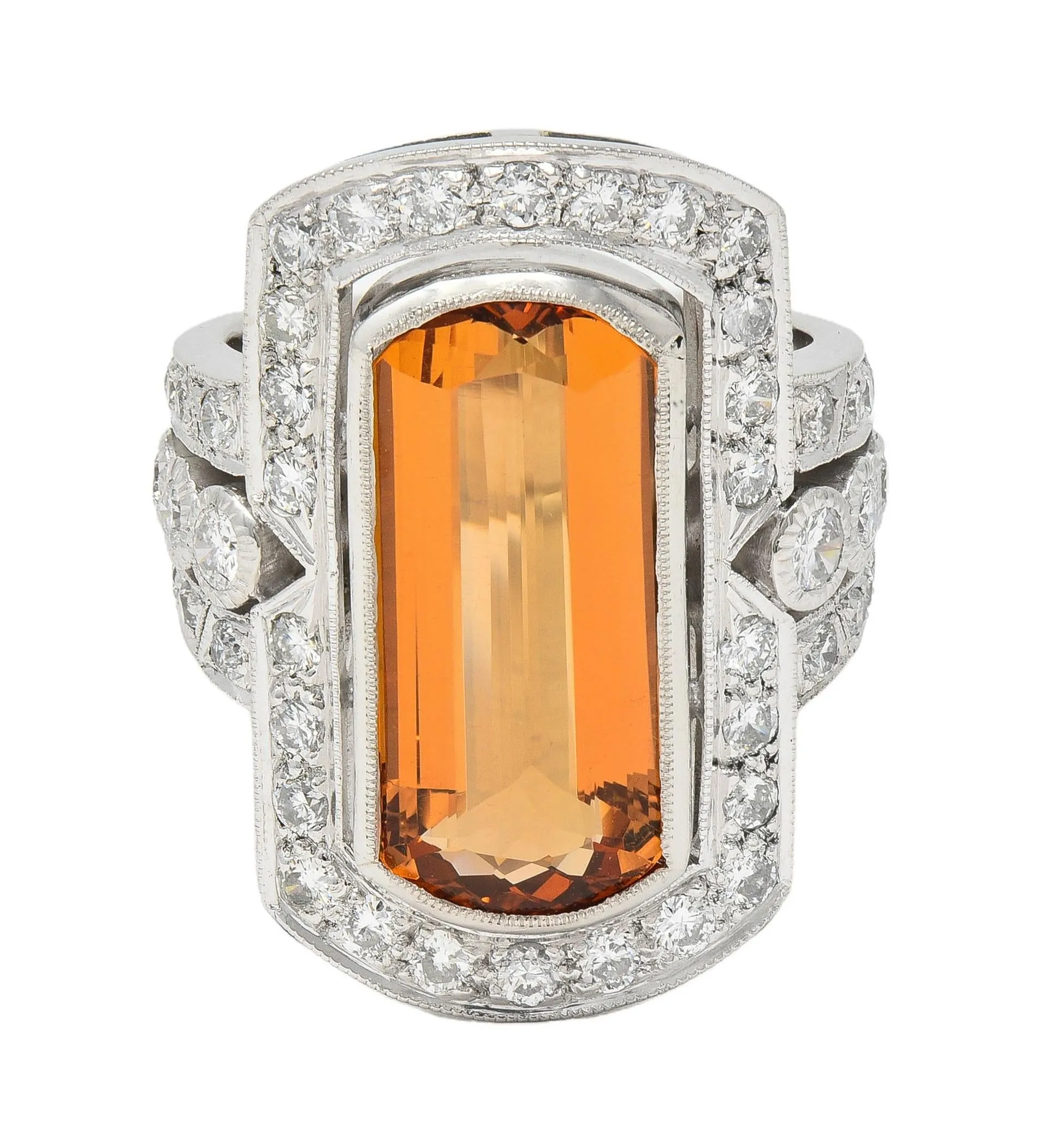 Contemporary Imperial Topaz Diamond Platinum Halo Cocktail Ring with a carat weight of 9.21 CTW.