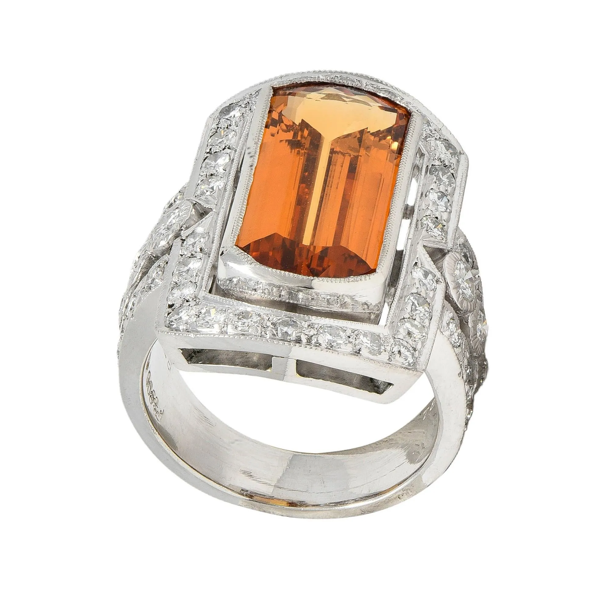 Contemporary Imperial Topaz Diamond Platinum Halo Cocktail Ring with a carat weight of 9.21 CTW.