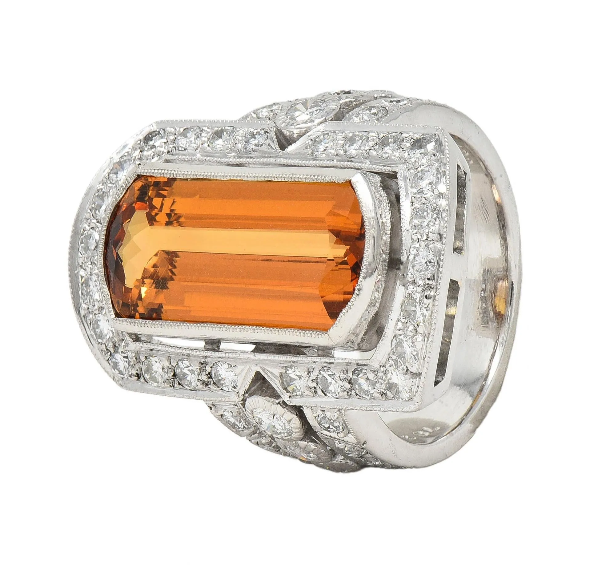 Contemporary Imperial Topaz Diamond Platinum Halo Cocktail Ring with a carat weight of 9.21 CTW.