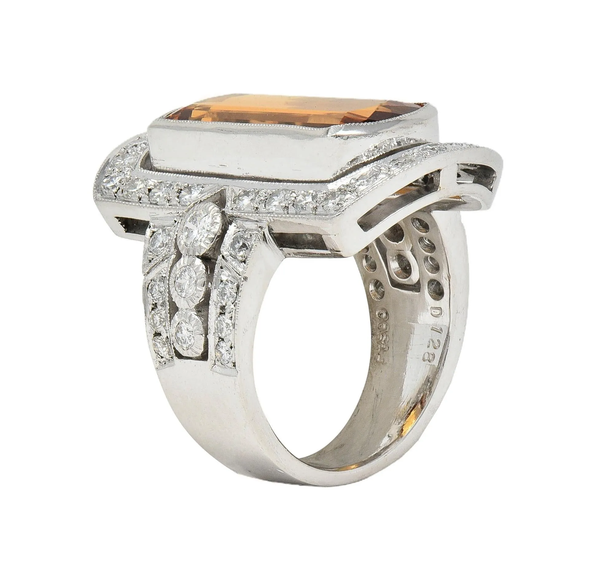 Contemporary Imperial Topaz Diamond Platinum Halo Cocktail Ring with a carat weight of 9.21 CTW.