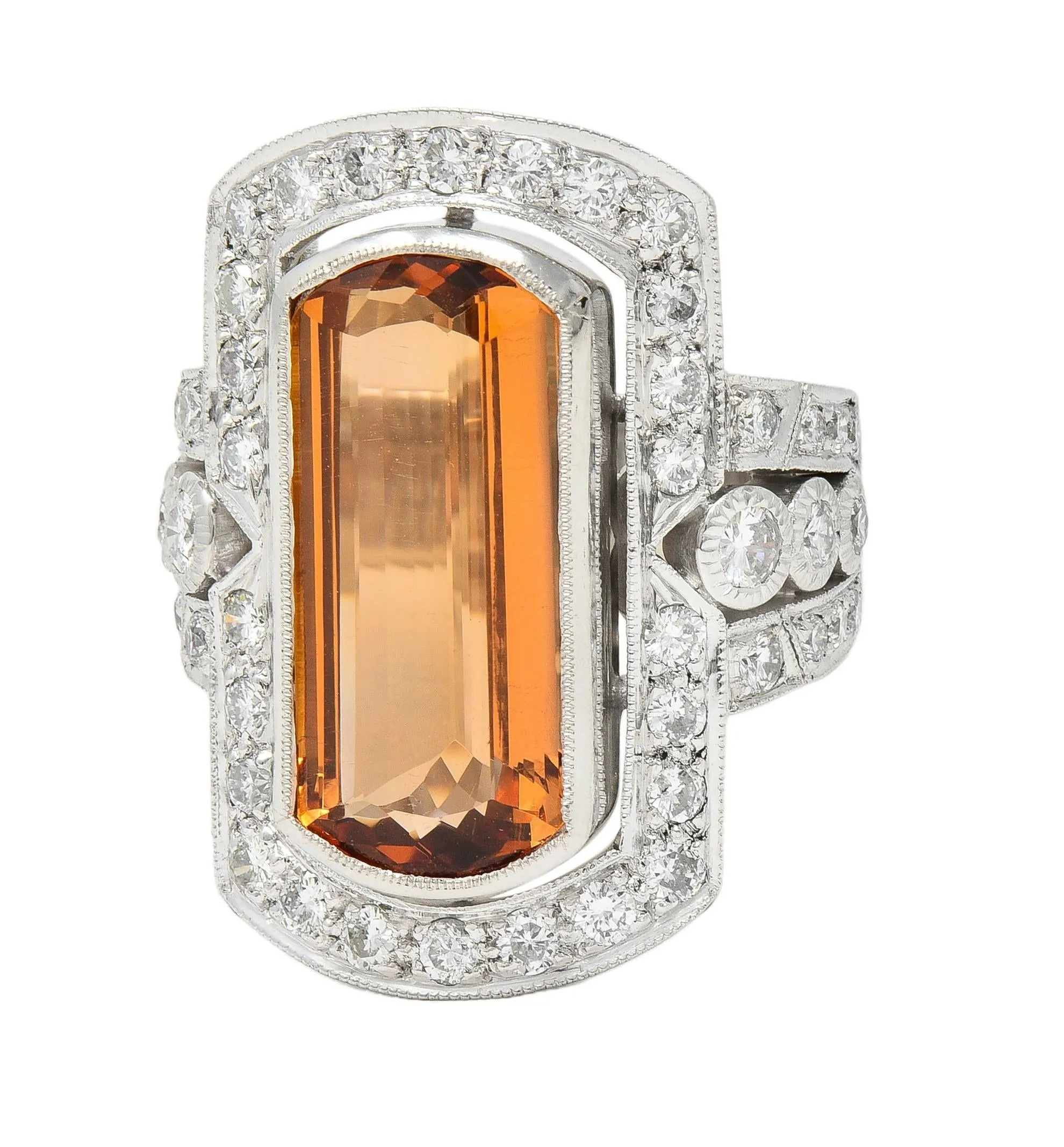 Contemporary Imperial Topaz Diamond Platinum Halo Cocktail Ring with a carat weight of 9.21 CTW.