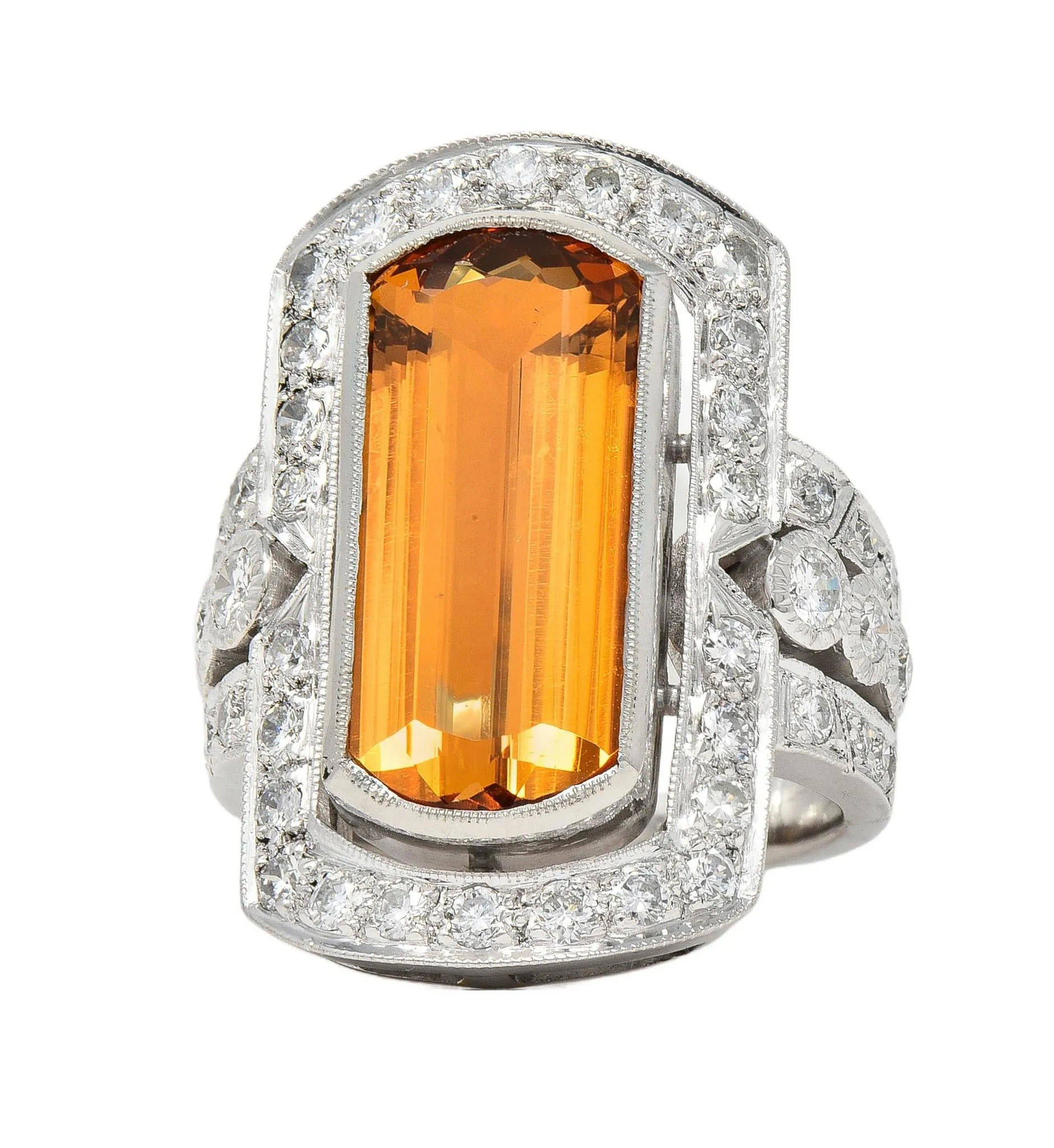 Contemporary Imperial Topaz Diamond Platinum Halo Cocktail Ring with a carat weight of 9.21 CTW.