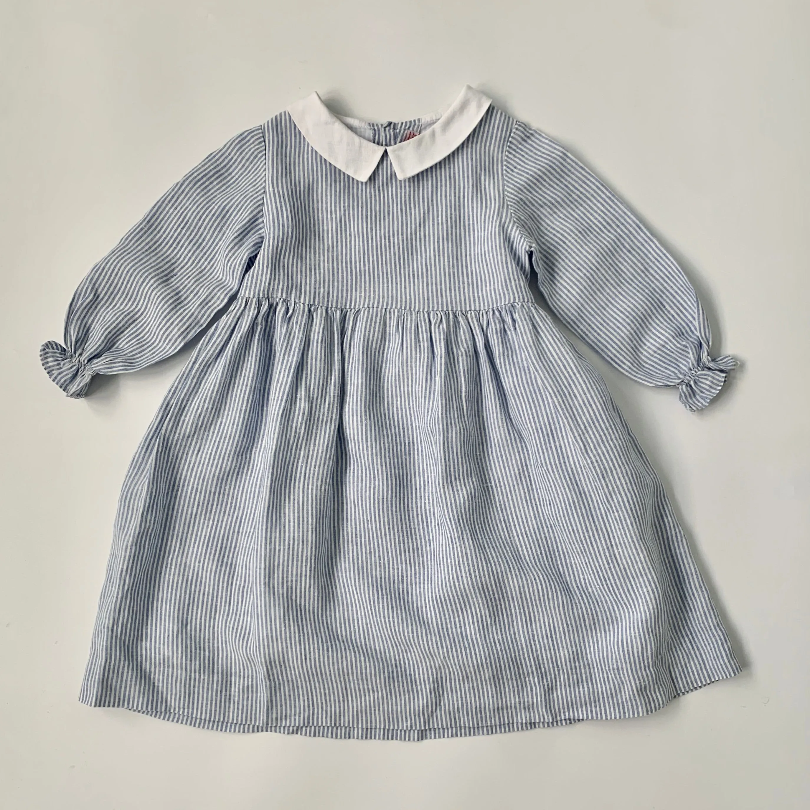 Coqueta Blue White Stripe Linen Dress for Girls 7 Years