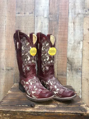 Corral Red Western Boots with Inlay Studs and Embroidery