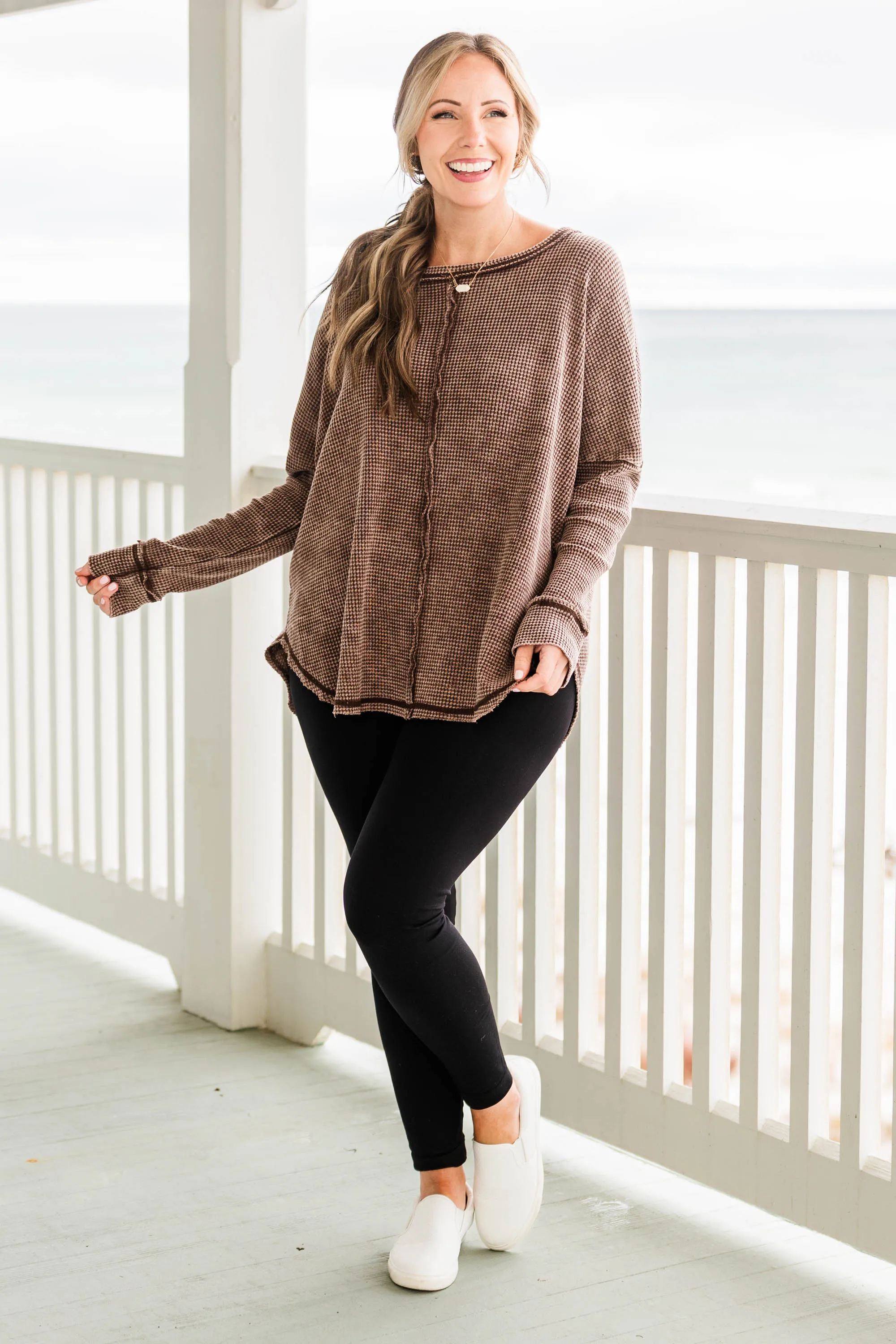 Cozy Brown Waffle Pullover