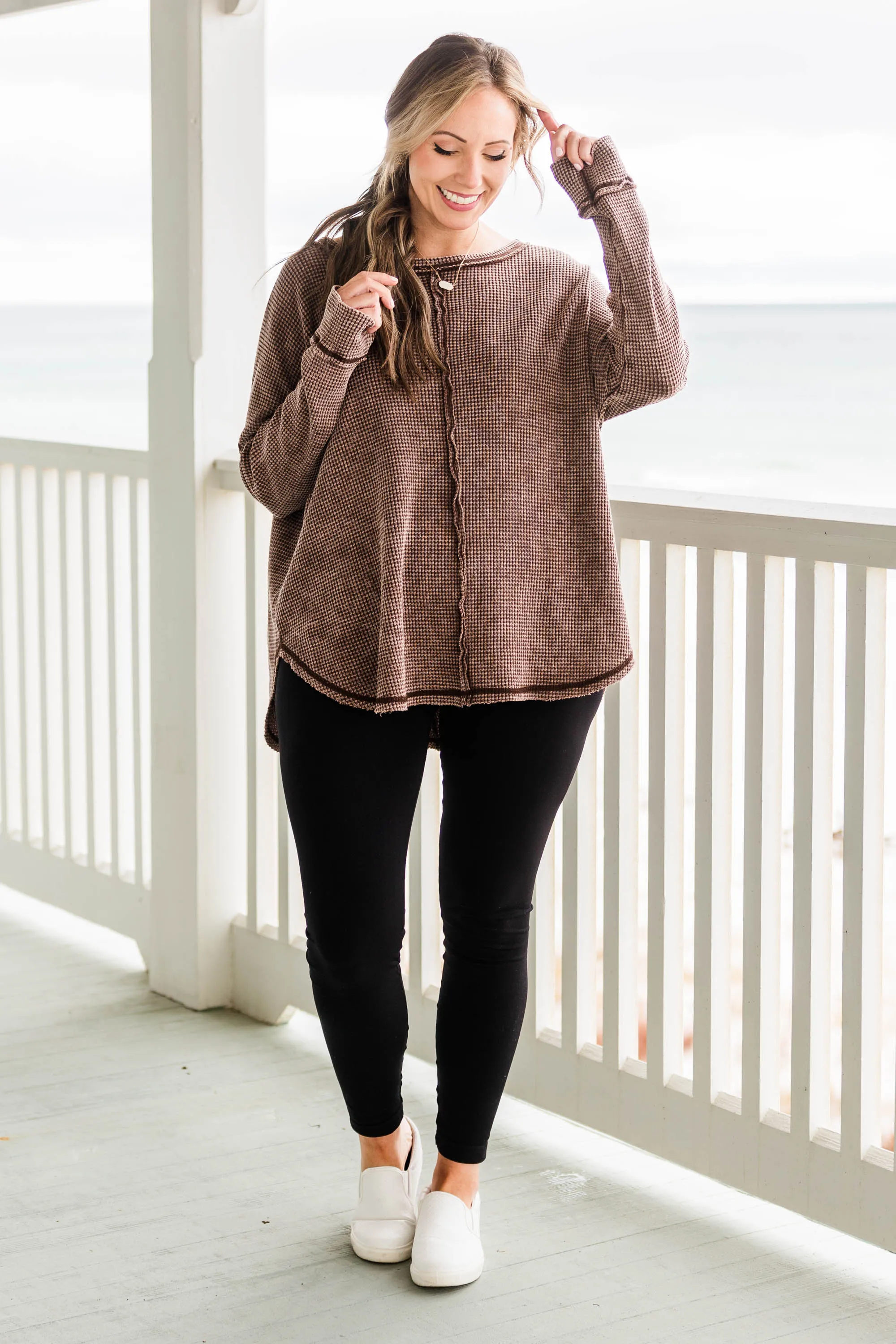 Cozy Brown Waffle Pullover