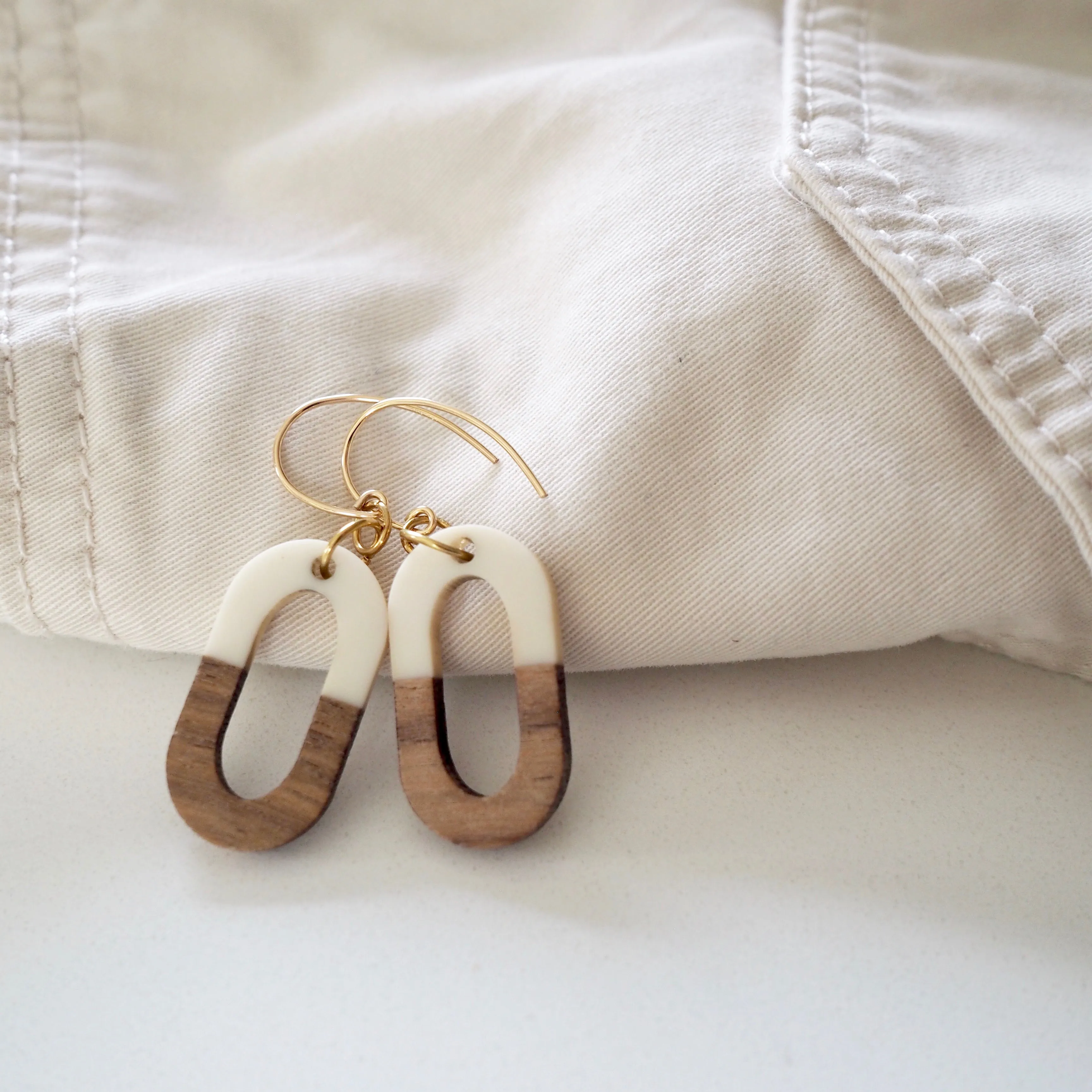 Cream Wood Oval Earrings