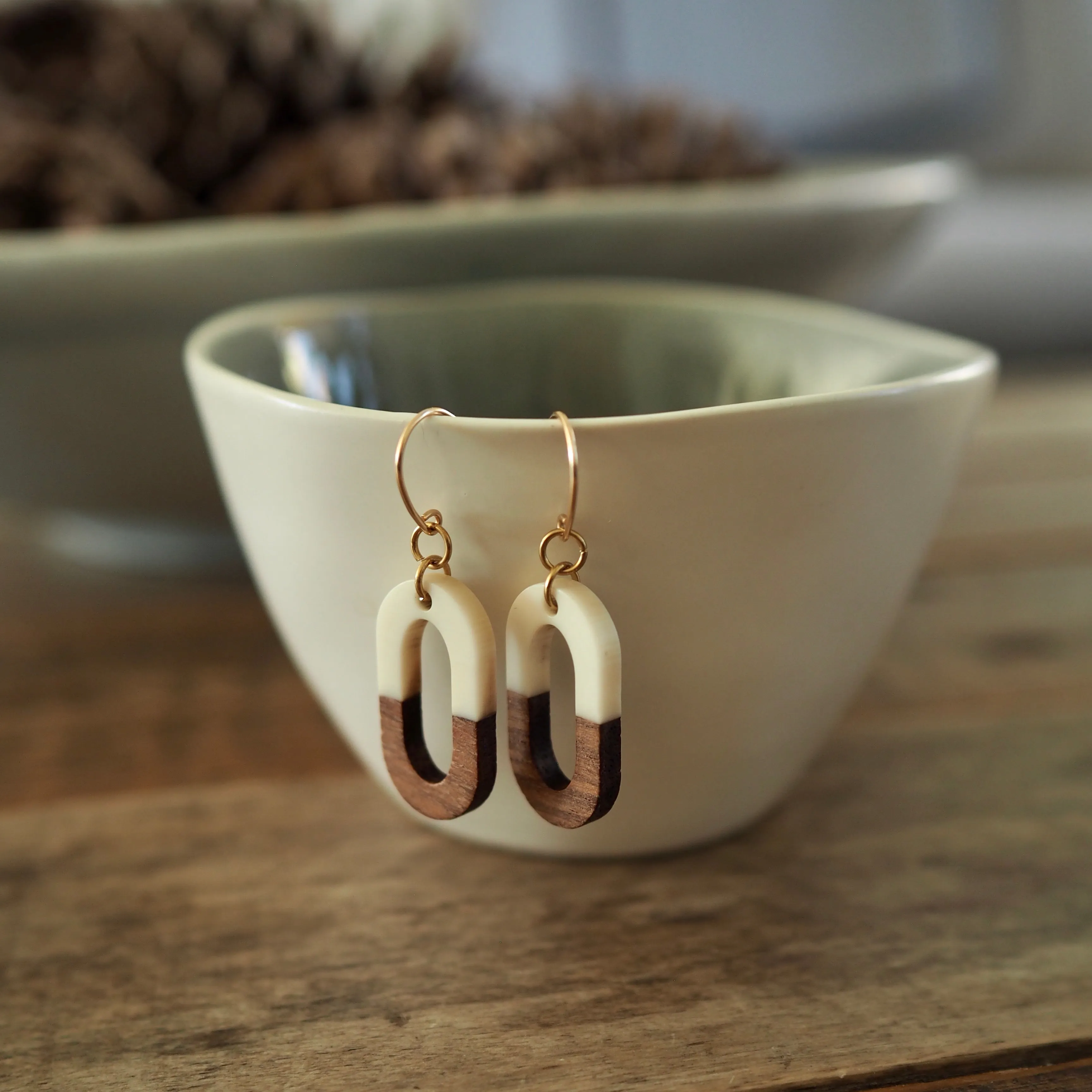 Cream Wood Oval Earrings