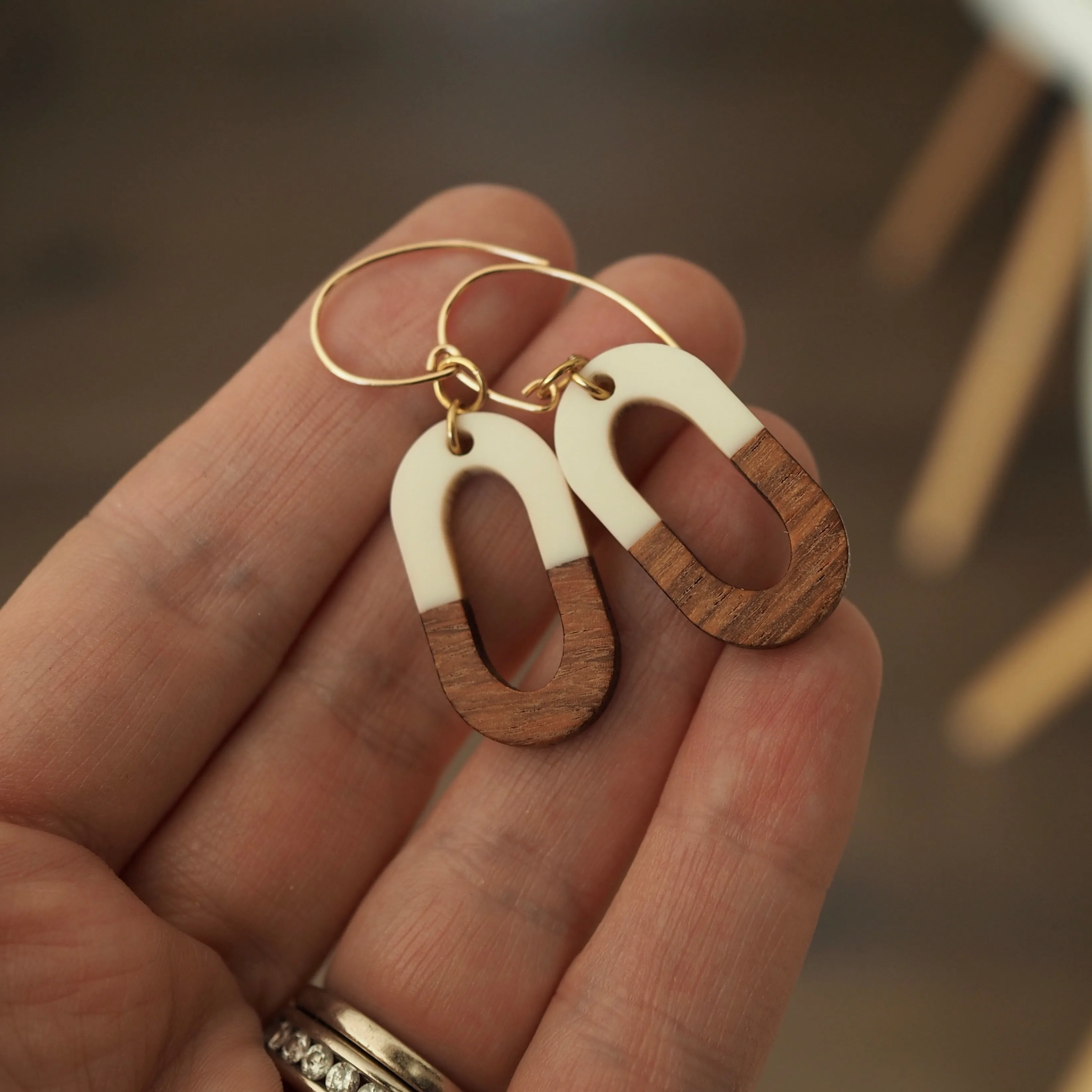 Cream Wood Oval Earrings