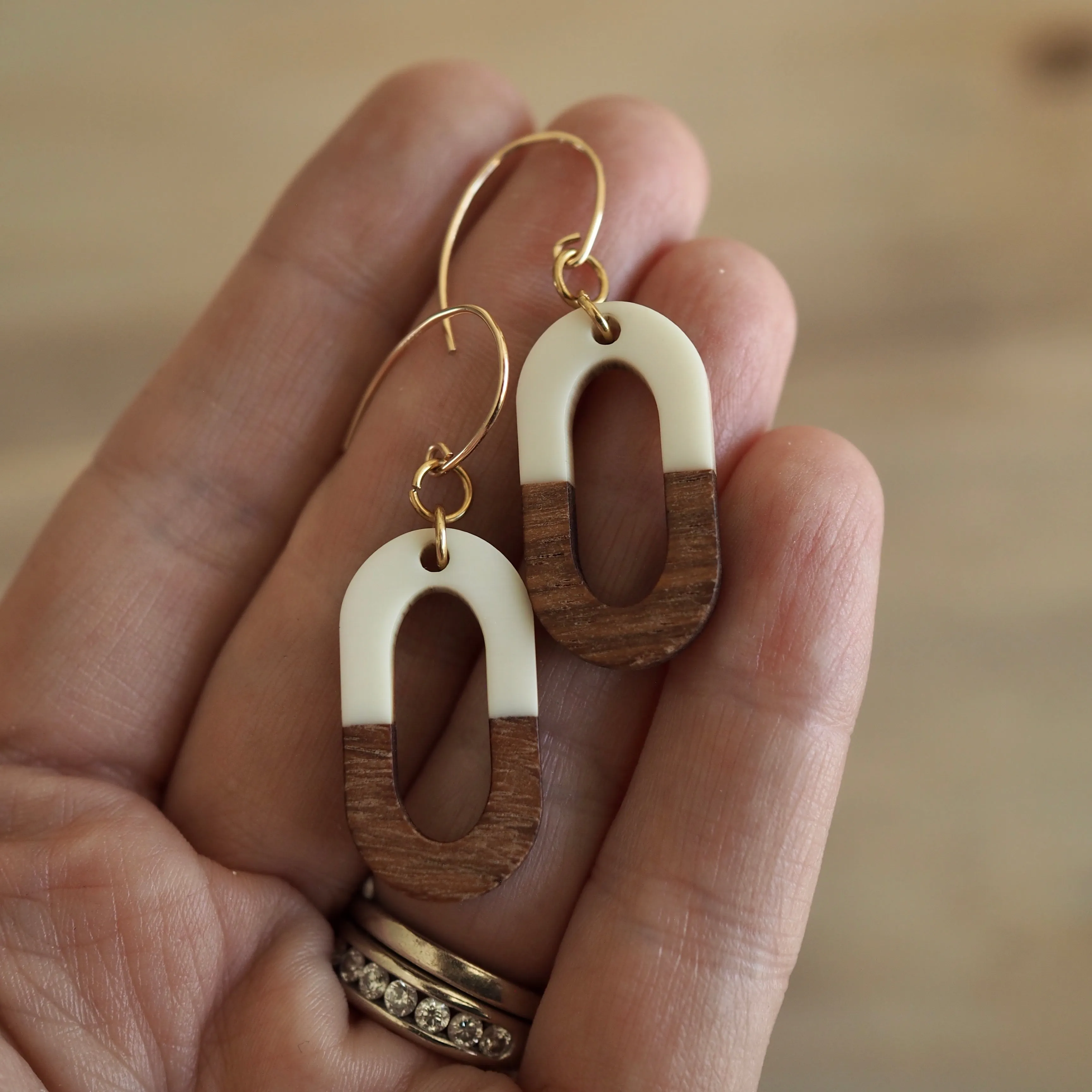 Cream Wood Oval Earrings