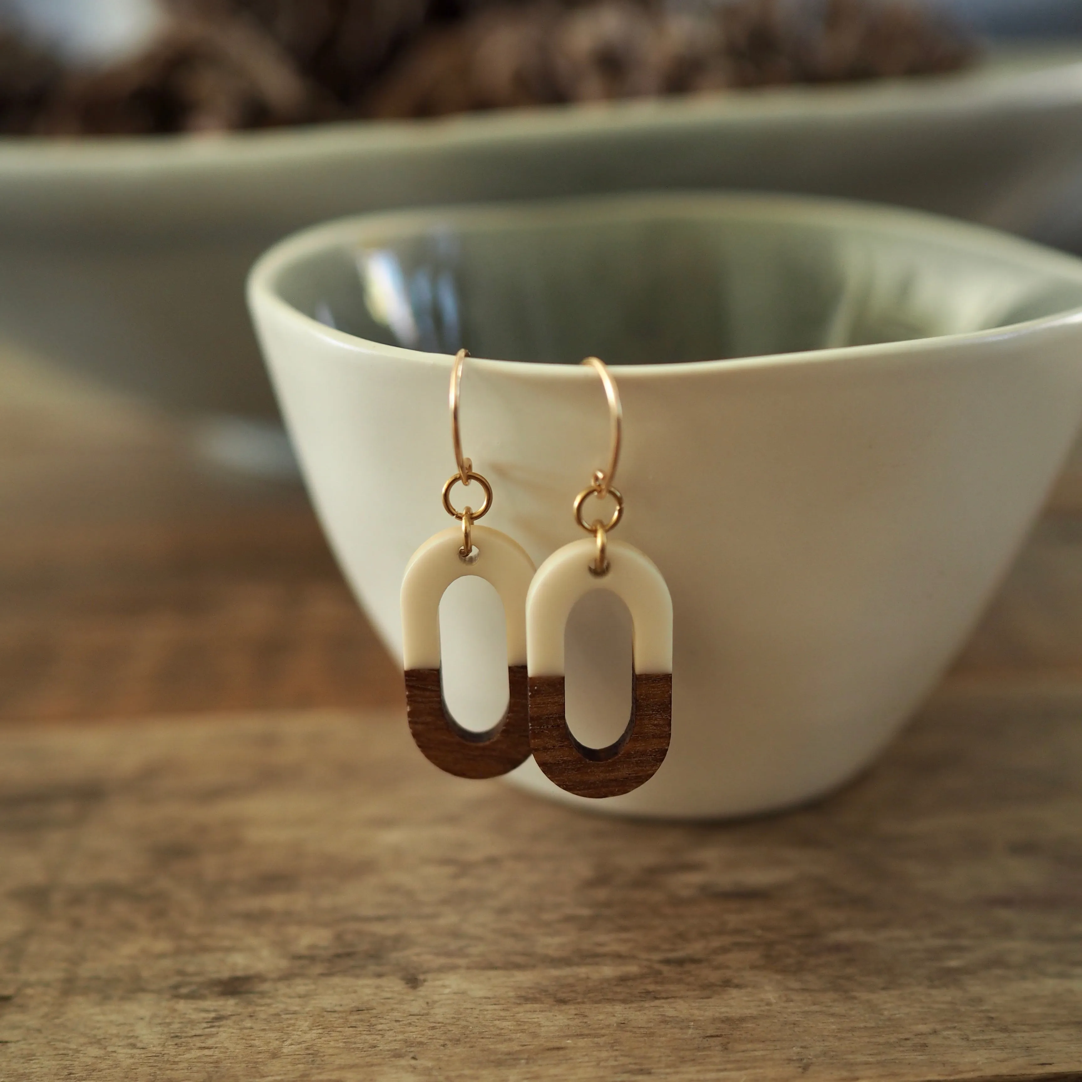 Cream Wood Oval Earrings