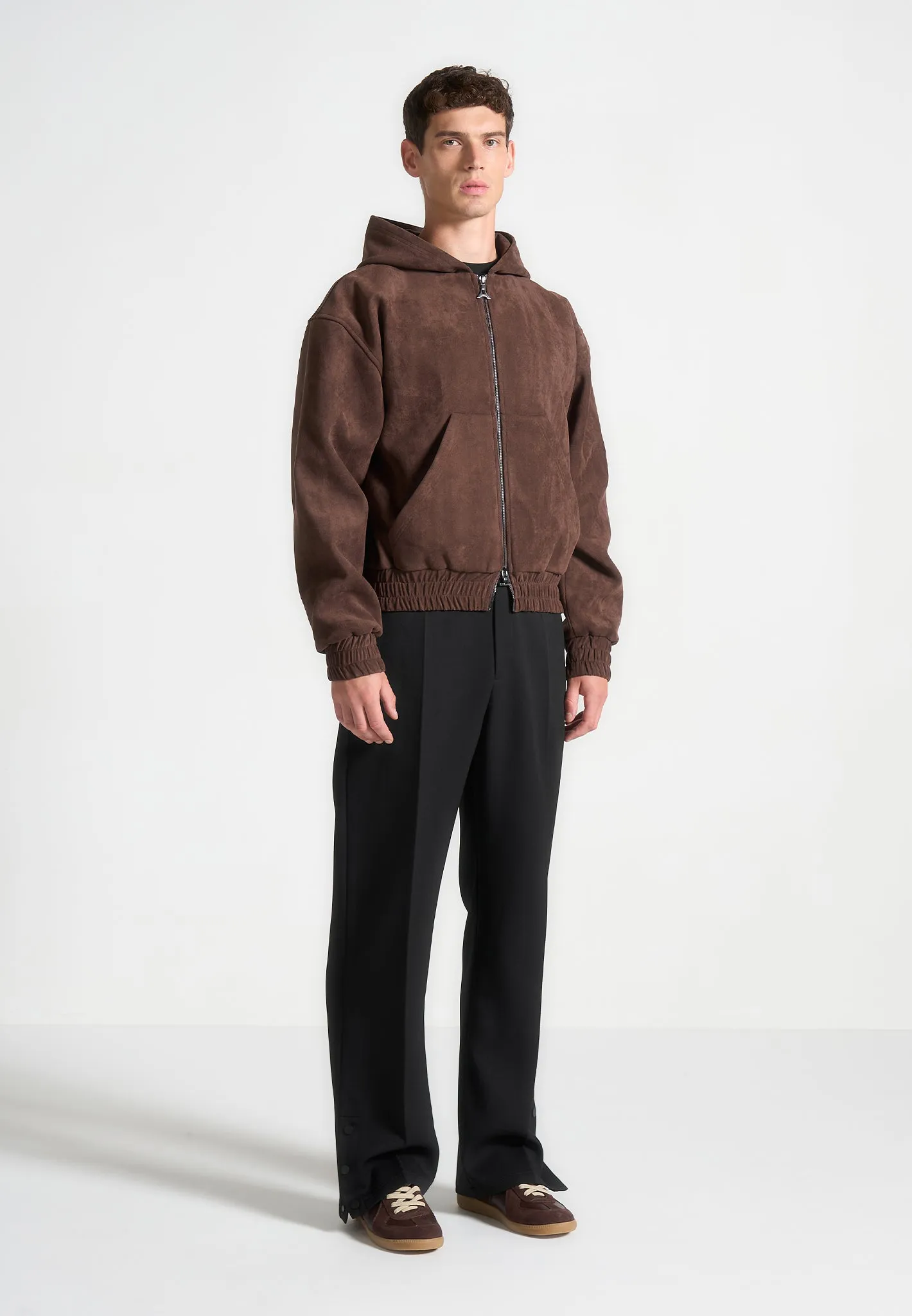 Cropped Suede Hoodie - Brown