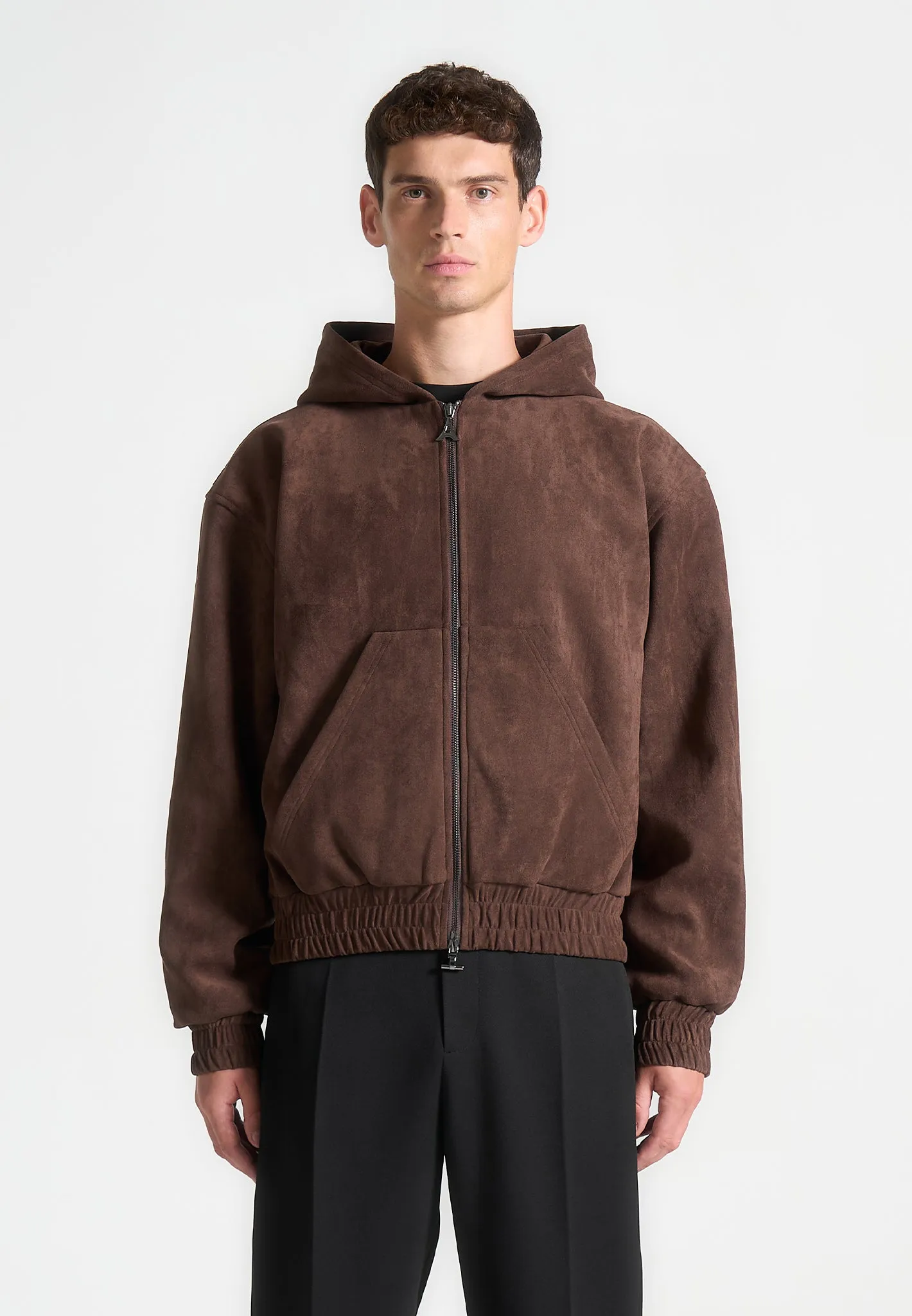 Cropped Suede Hoodie - Brown