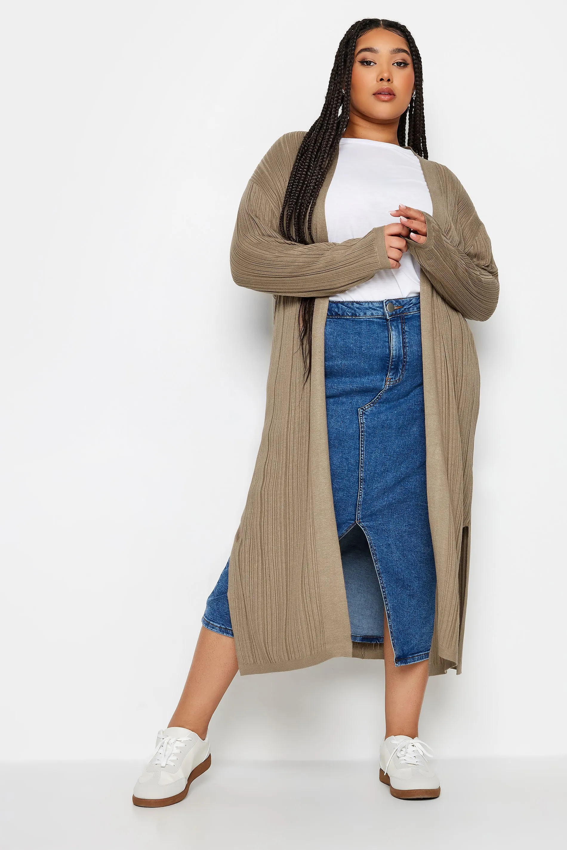 Curve Beige Brown Longline Ribbed Cardigan by YOURS