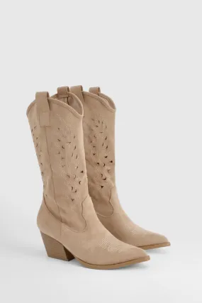 Cut Out Detail Knee High Cowboy Boots