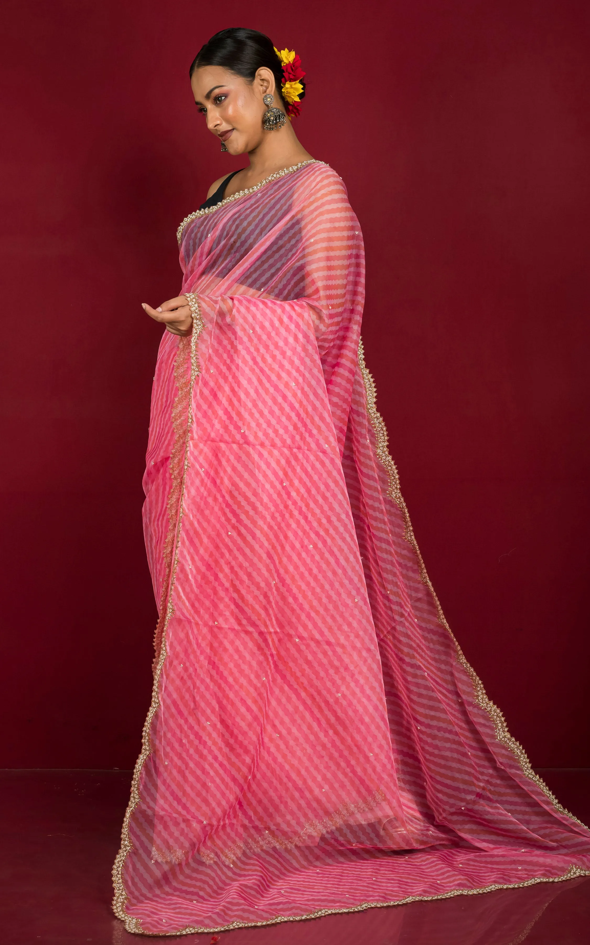 Designer Leheriya Printed Organza Zardozi Silk Saree in Watermelon Pink