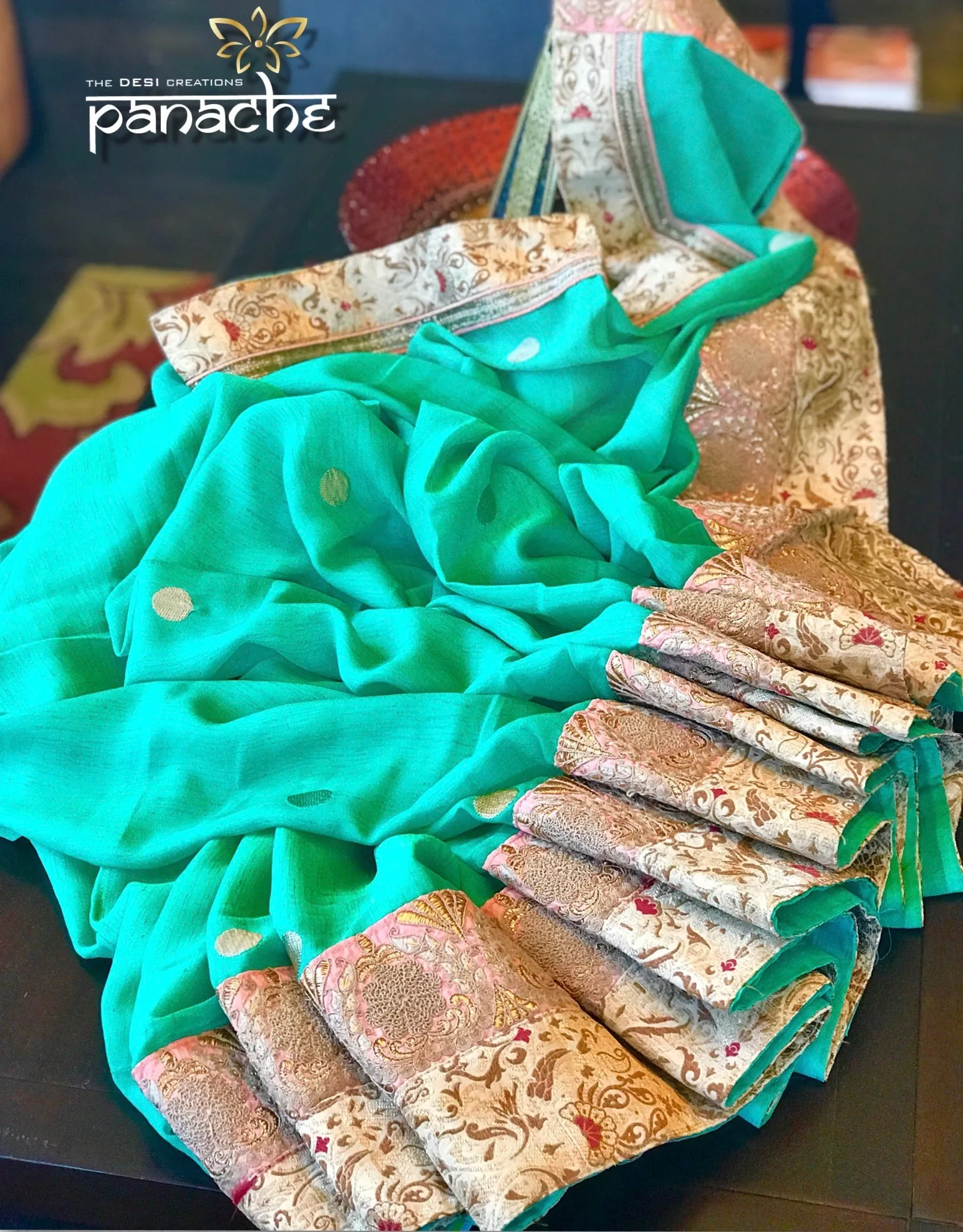 Designer Saree - Mint Green Peach