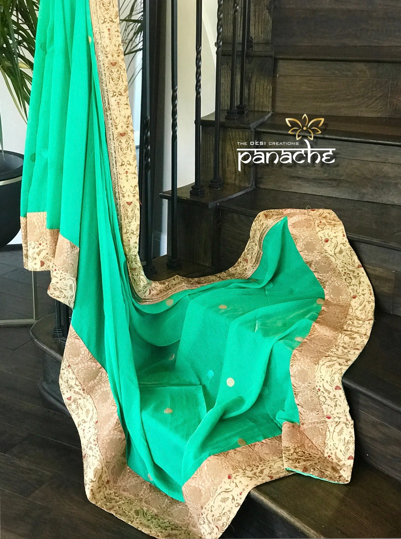 Designer Saree - Mint Green Peach